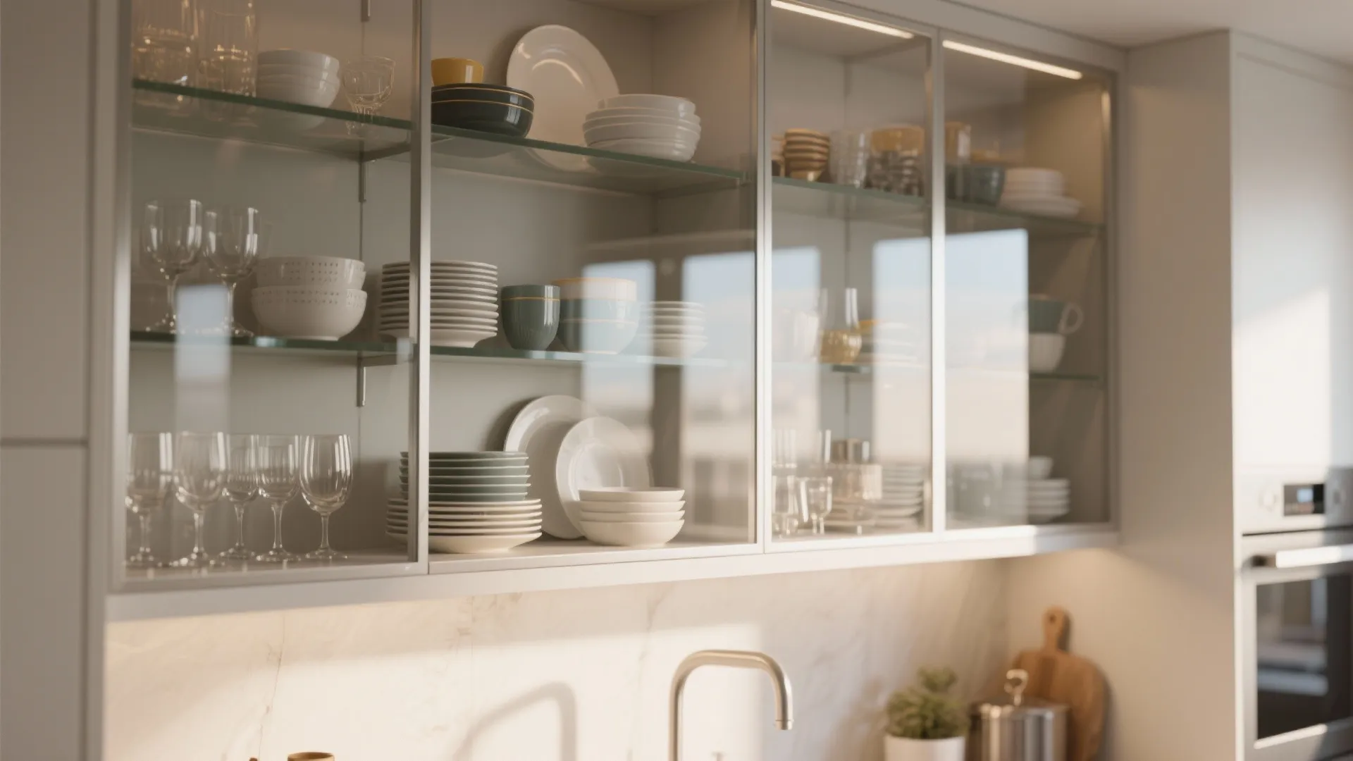 1. Apply clear glass to upper cabinets for depth