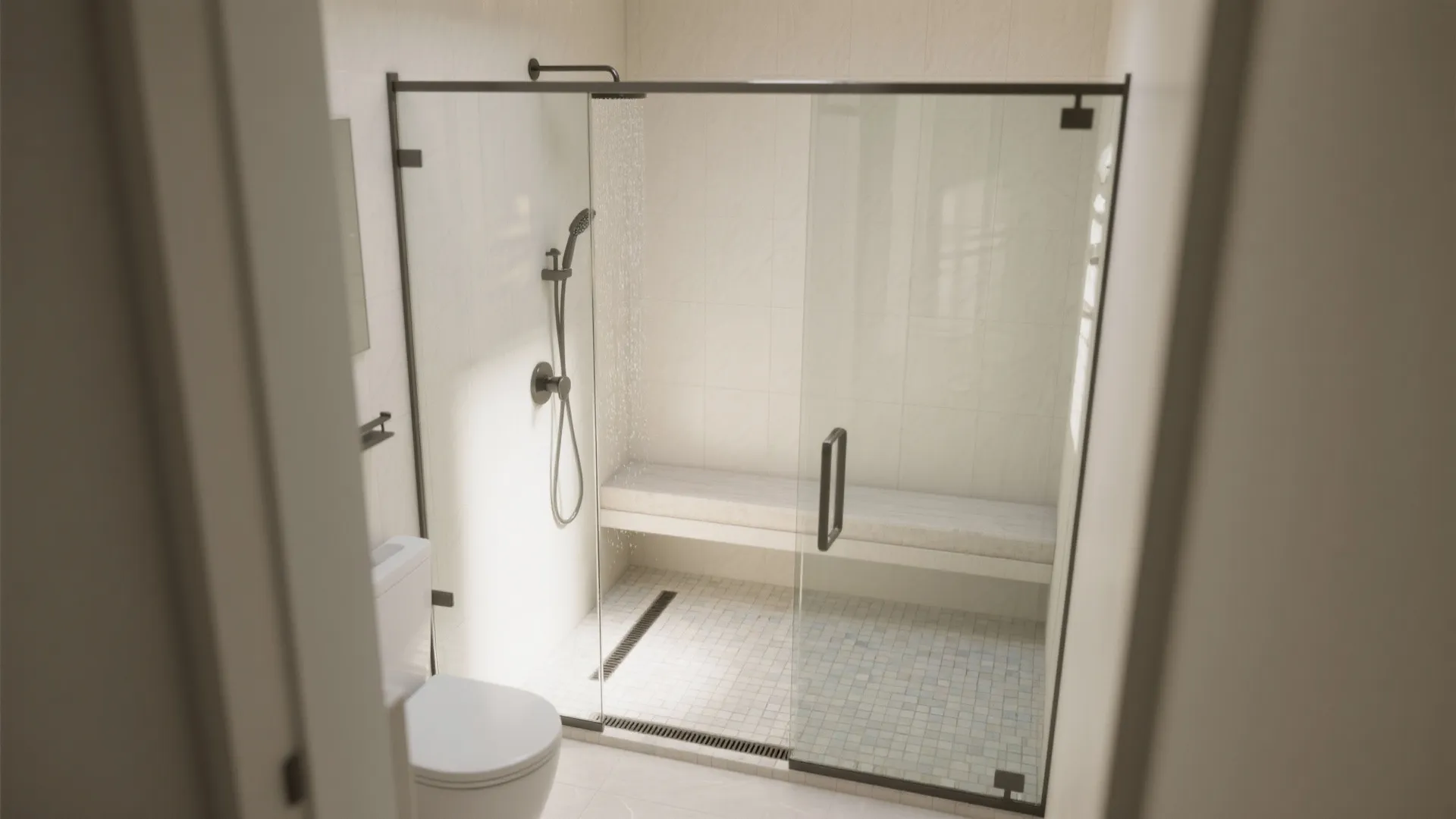 Glass walk in shower with black frame stone bench and light tile floor in bathroom