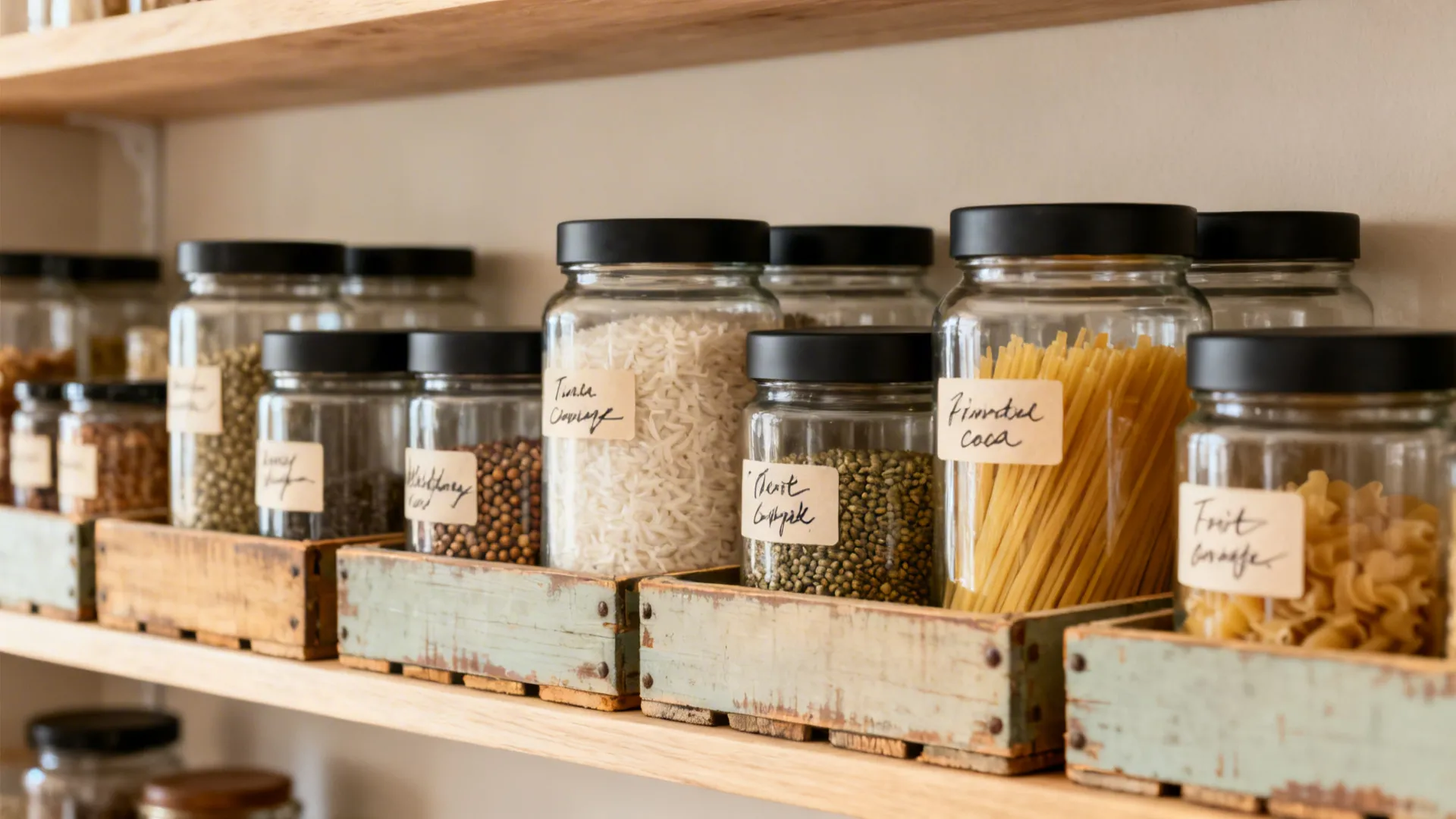 Minimalist open pantry with clear labeled jars and rescued wooden crates creating tidy zones.