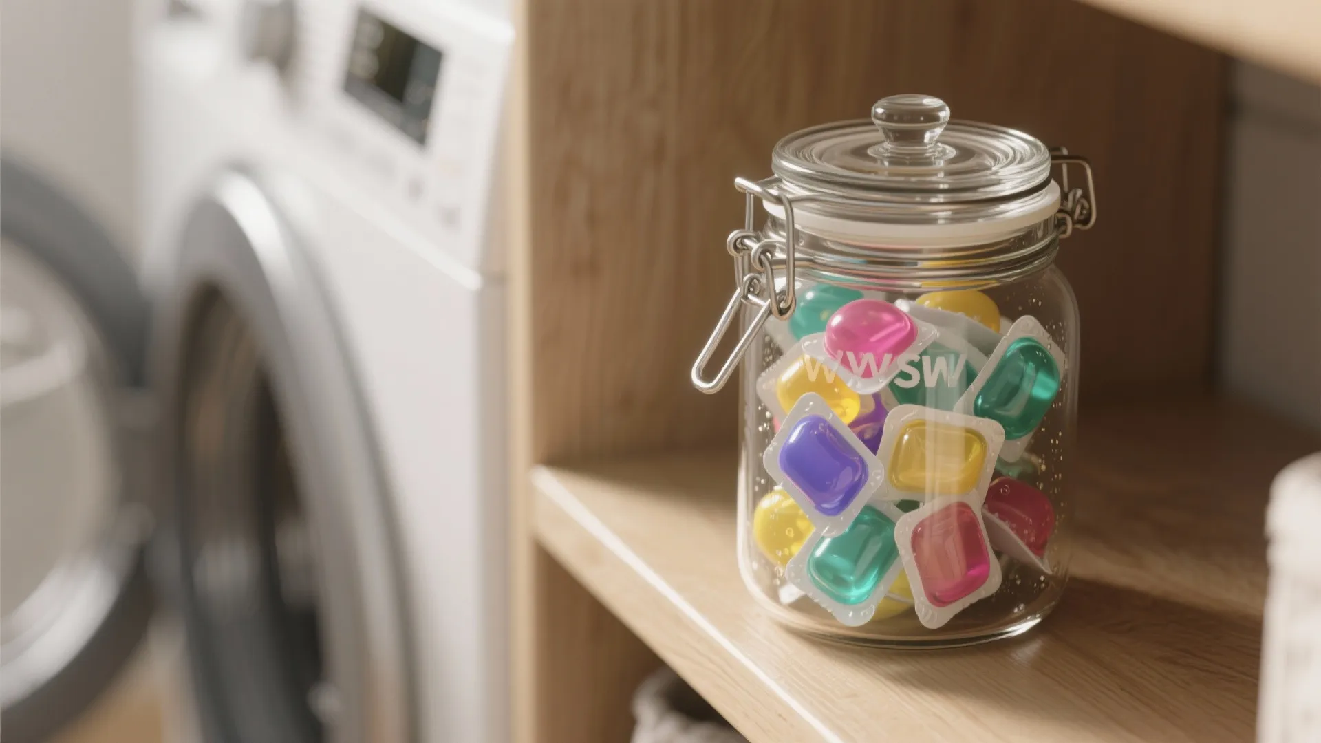 Close-up of a clear airtight jar with a childproof lid filled with colorful laundry pods on a wooden shelf.