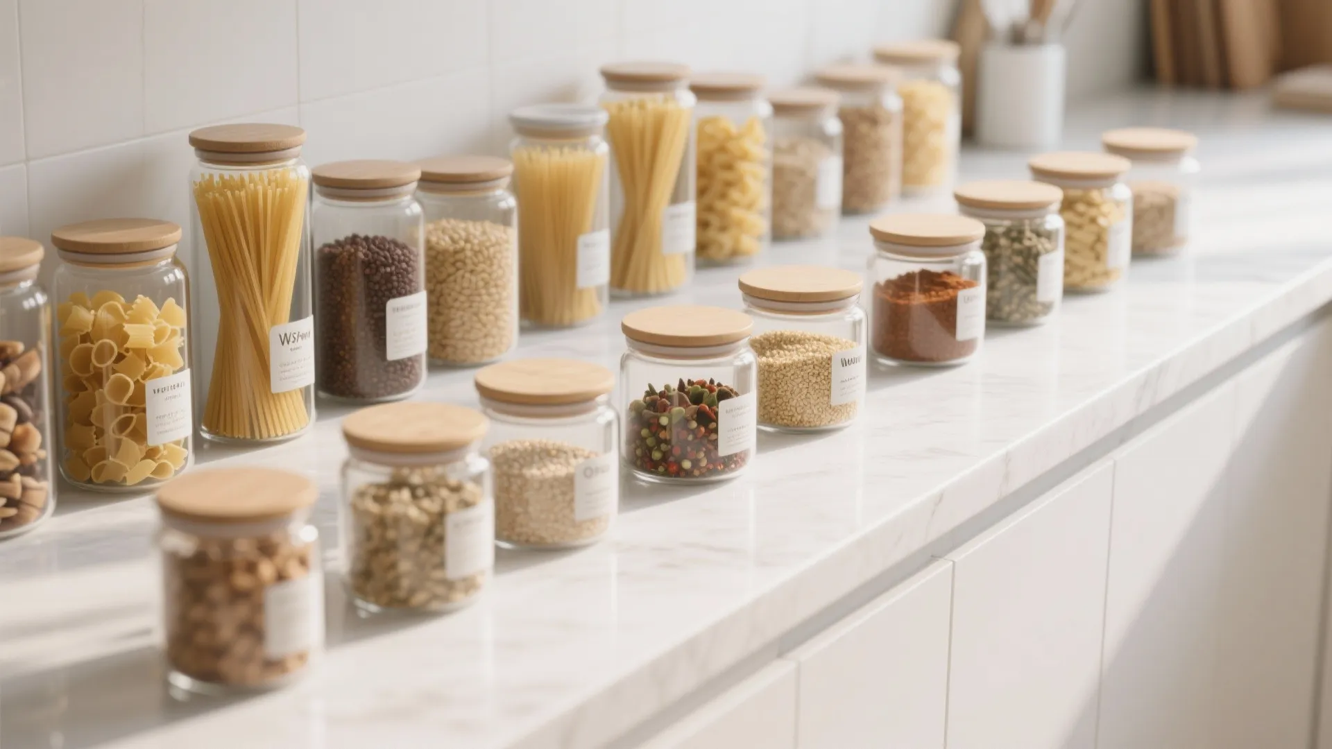 Clear kitchen containers neatly holding dry goods