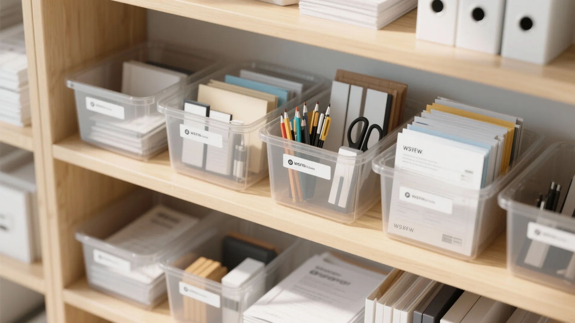 Wooden bookshelf with clear plastic bins containing labeled office supplies and various stationary organizing items