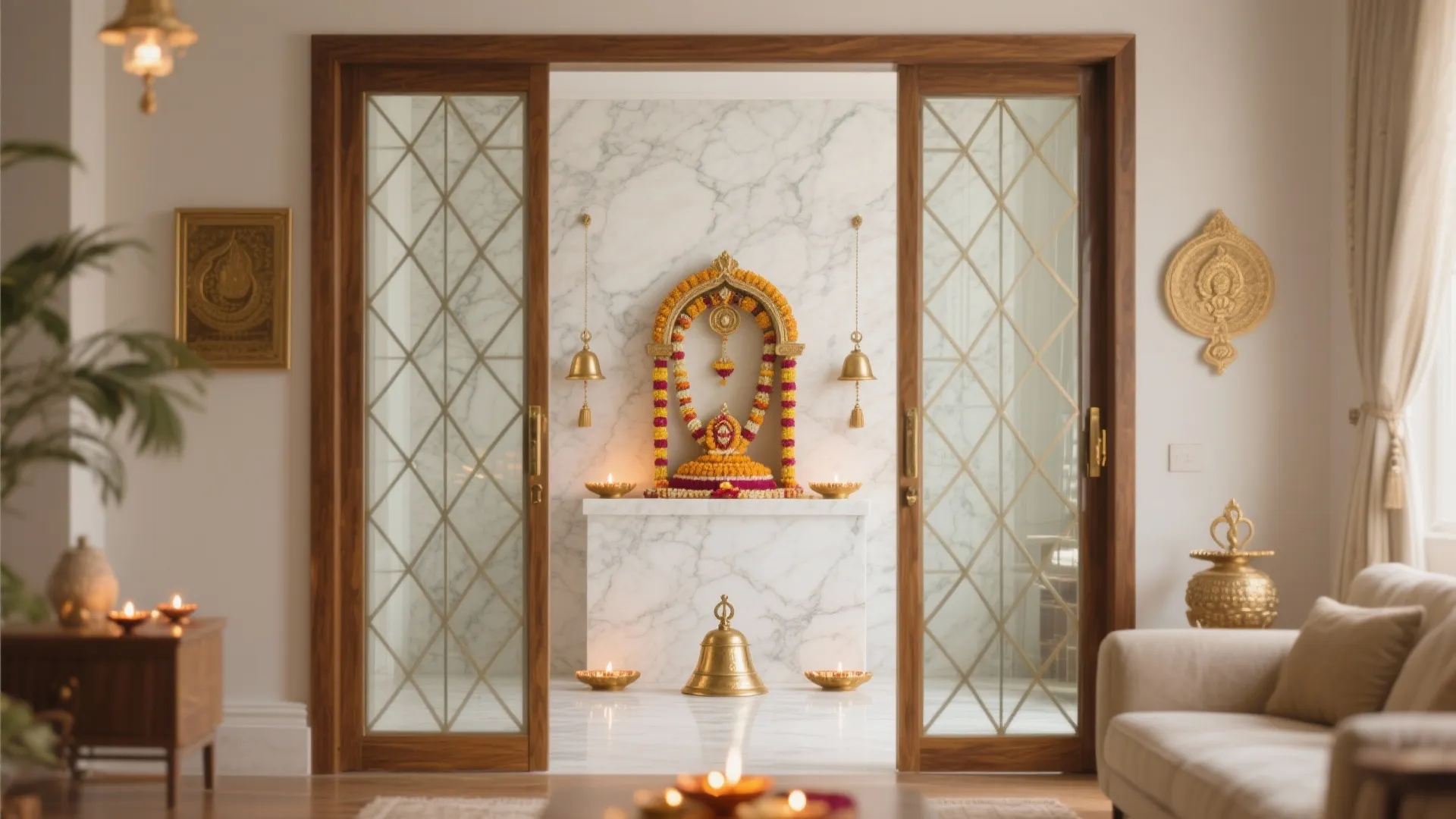 Clear low-iron tempered glass pooja door with thin teak or brass lattice revealing the altar.