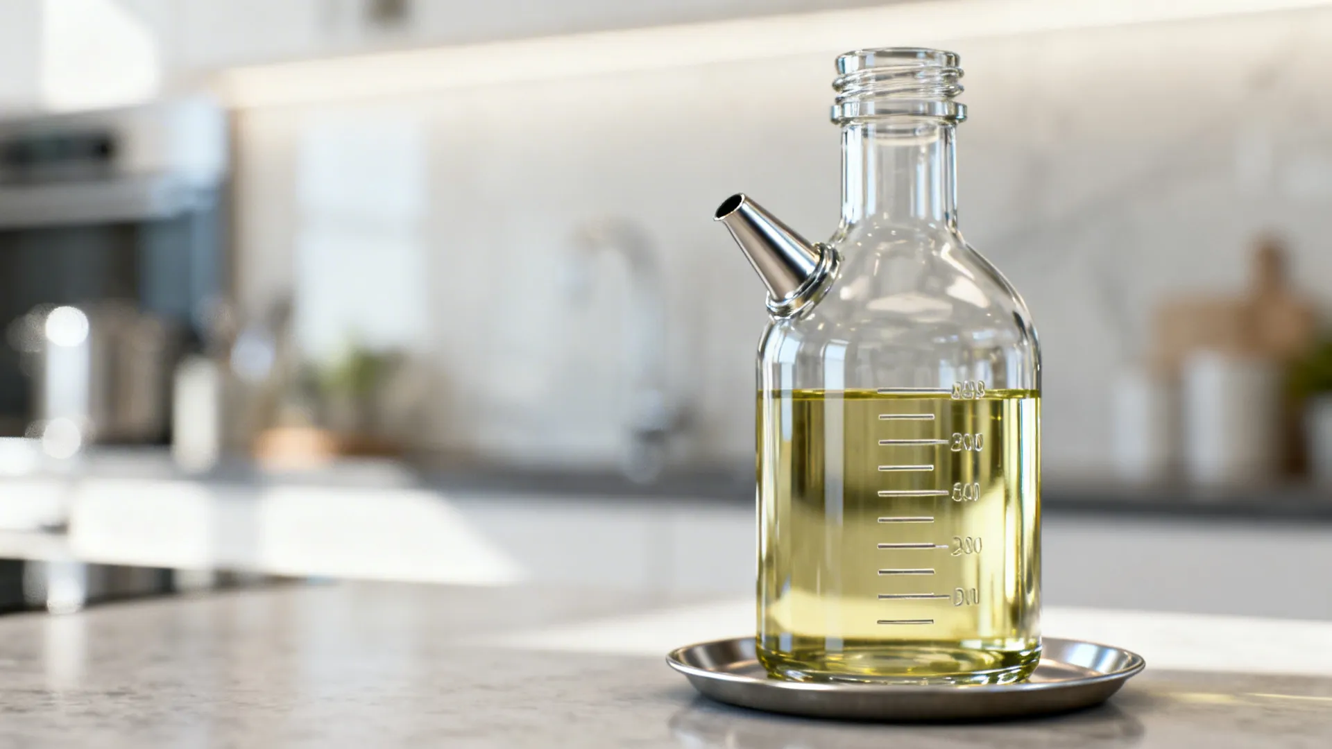 Macro of a clear glass oil bottle with etched measurement marks and a stainless slow-pour spout.