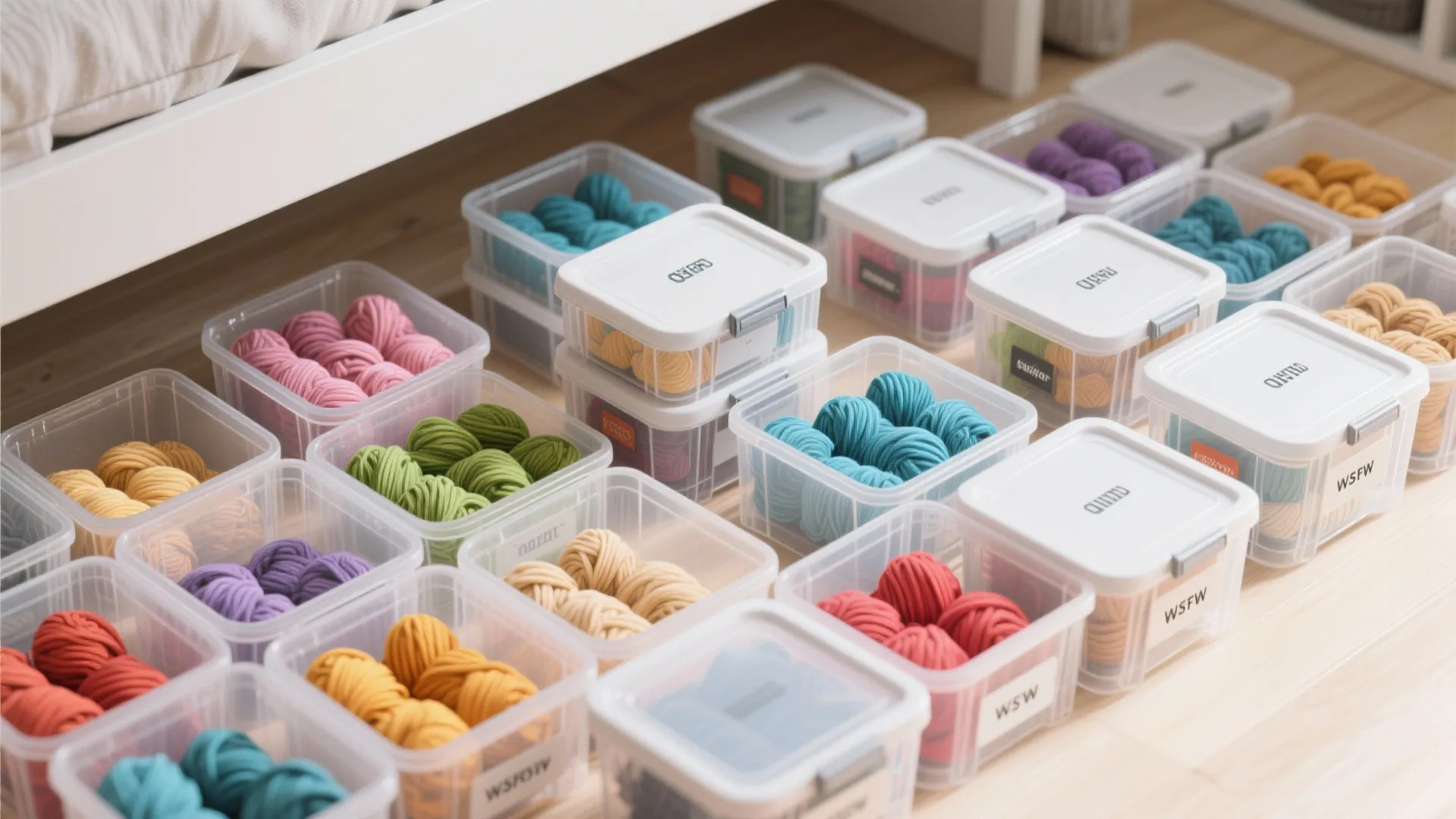 Clear plastic storage bins with lids neatly organized on floor filled with colorful soft yarn