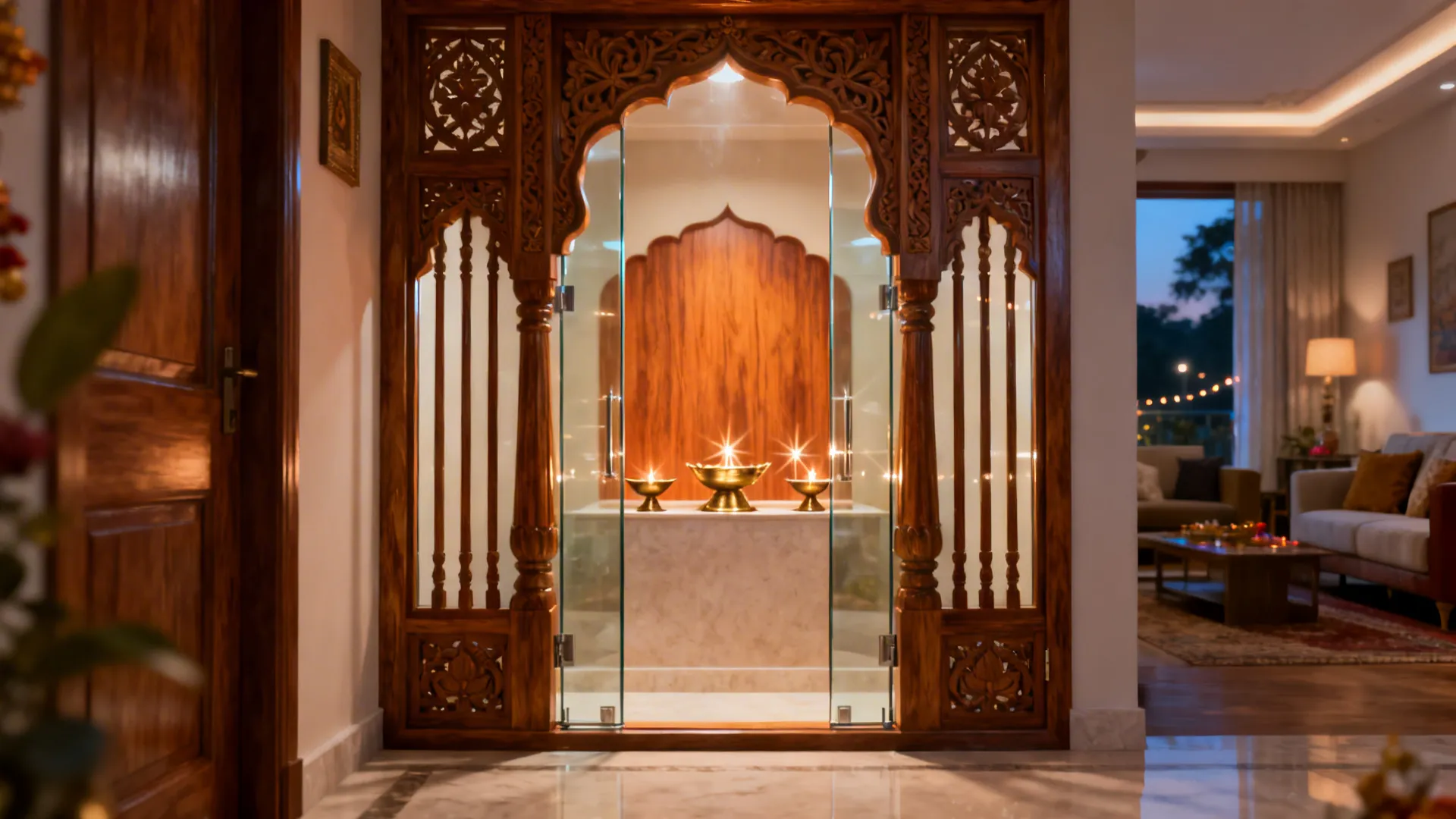 Clear glass pooja doors with slender carved wooden mullions in a temple-arch profile.
