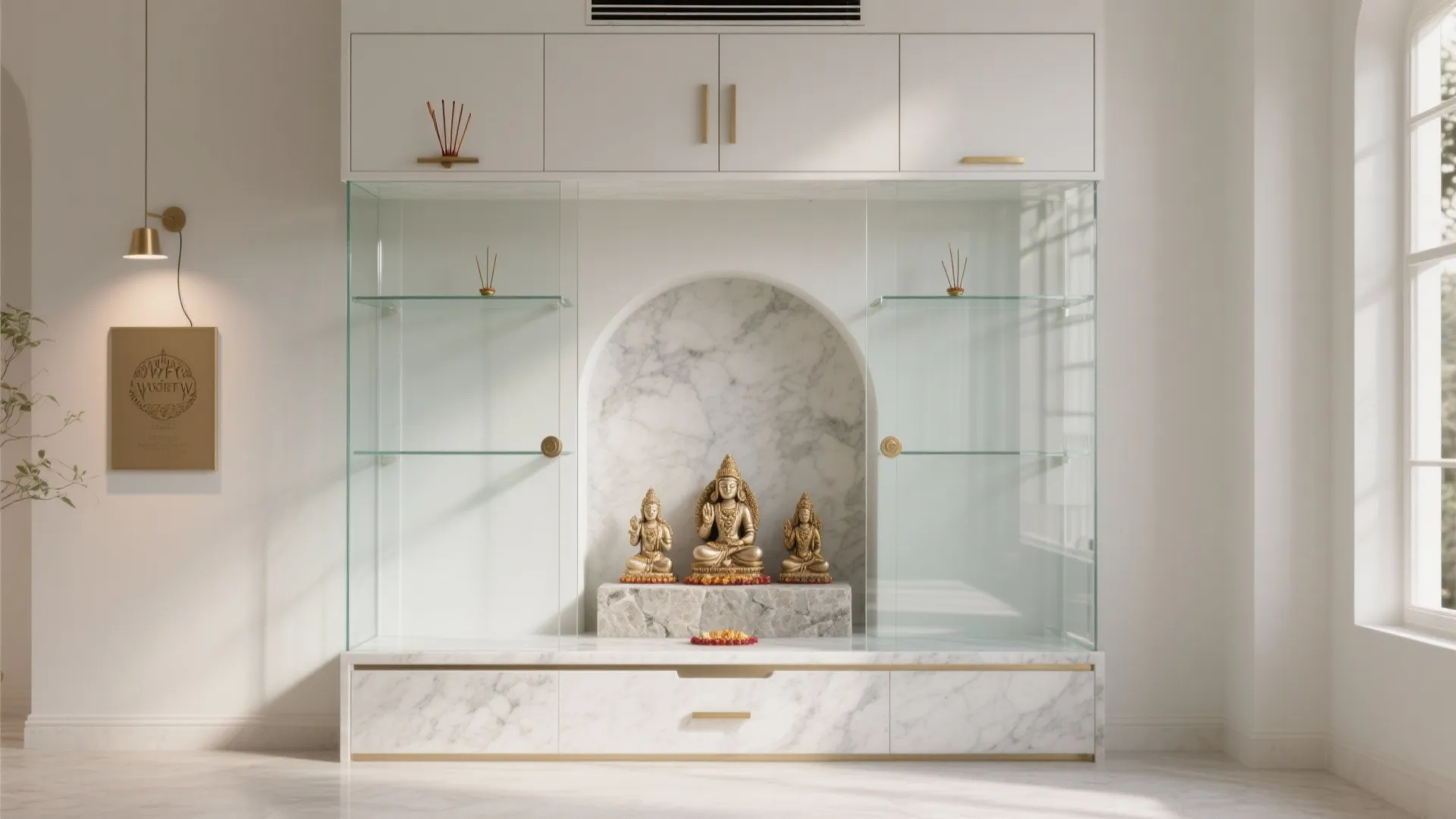 Clear Glass Mandir Niche with Hidden Storage