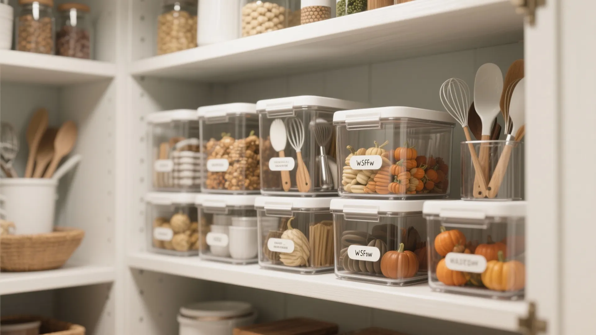 Clear plastic storage boxes with labels organized on white pantry shelves for neat kitchen storage