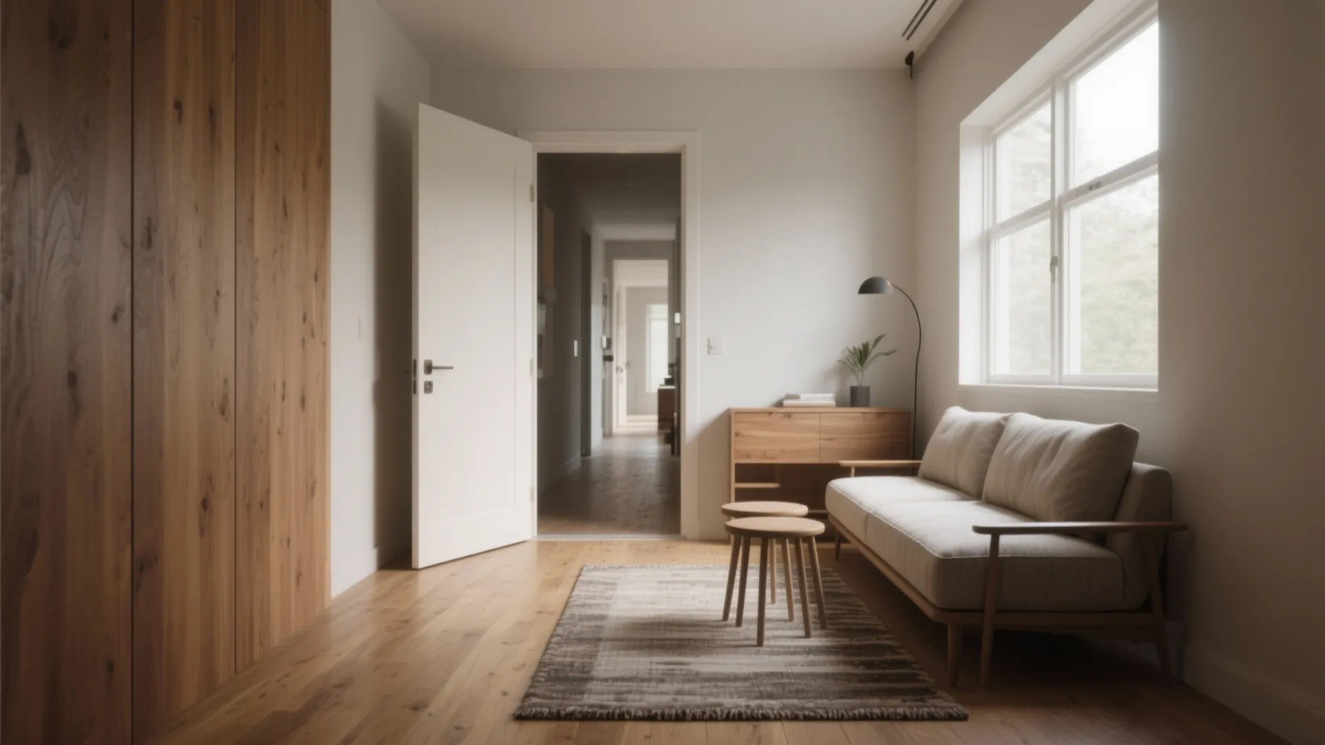 Front door view into a small living area with a clear visual corridor and slim seating.