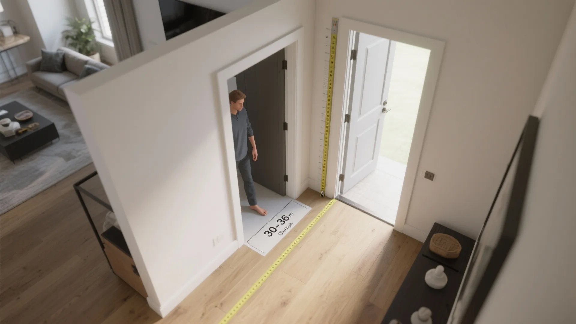 Interior design drawing showing hallway measurements with tape measure and a person walking through doorway