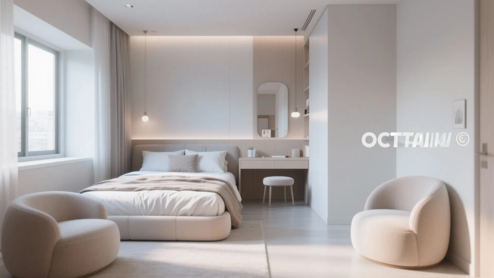 Small bedroom with open walkways and rounded furniture