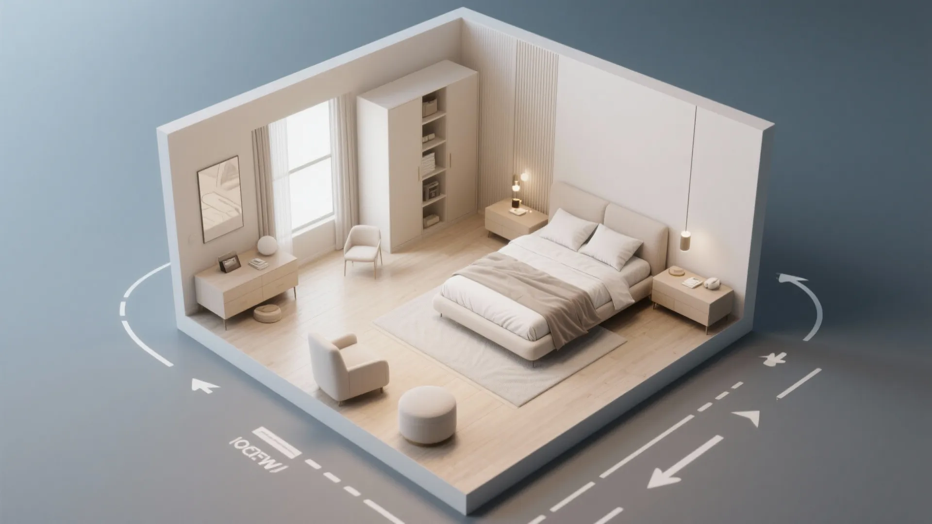 Top-down view of bedroom layout with open walking space