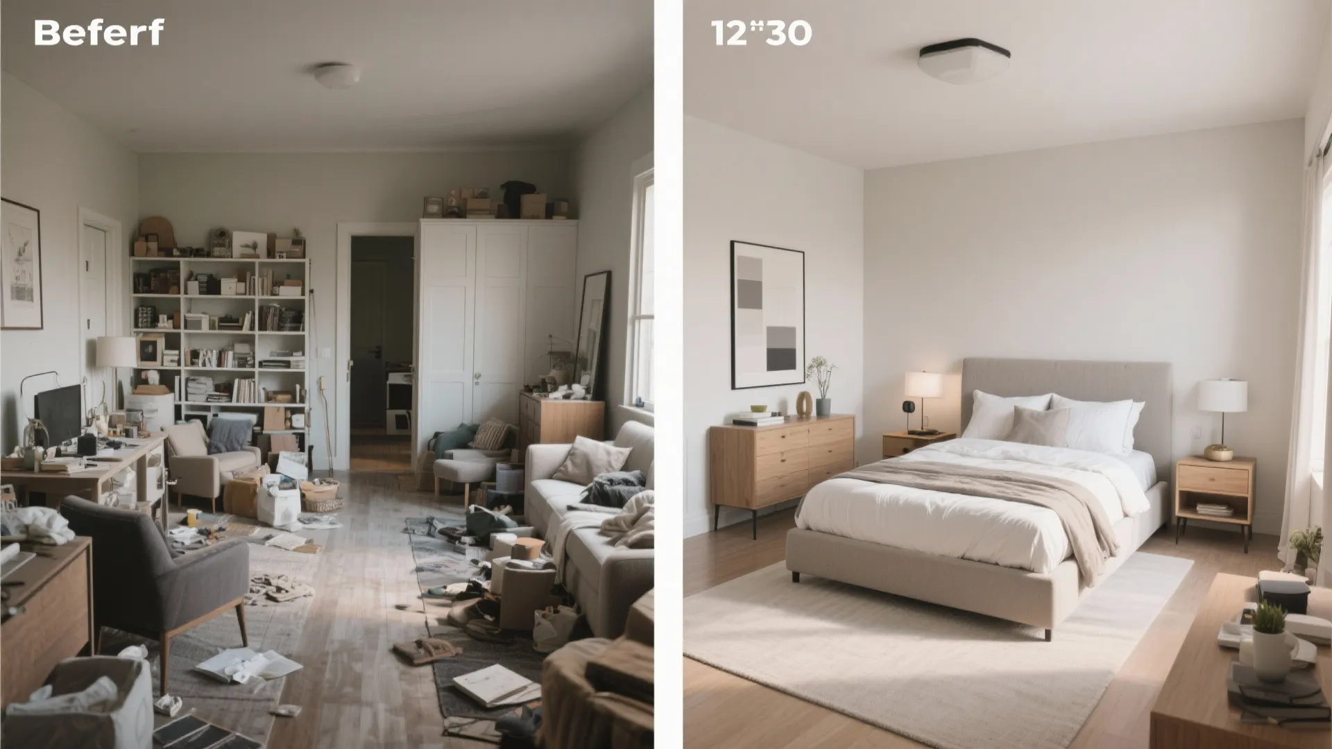 Before and after comparison of a messy cluttered room versus a clean organized modern bedroom