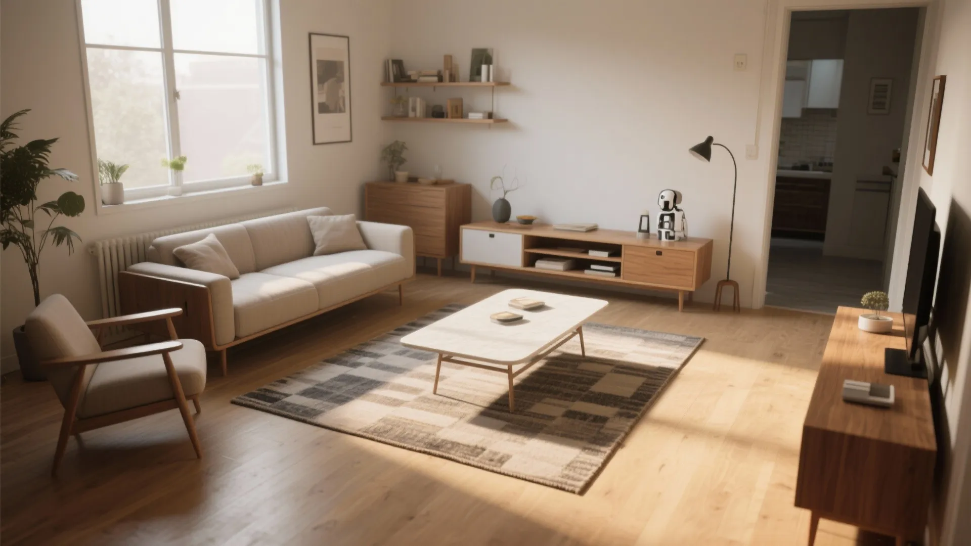 Modern bright living room with cream sofa coffee table grey rug wooden floor and natural light