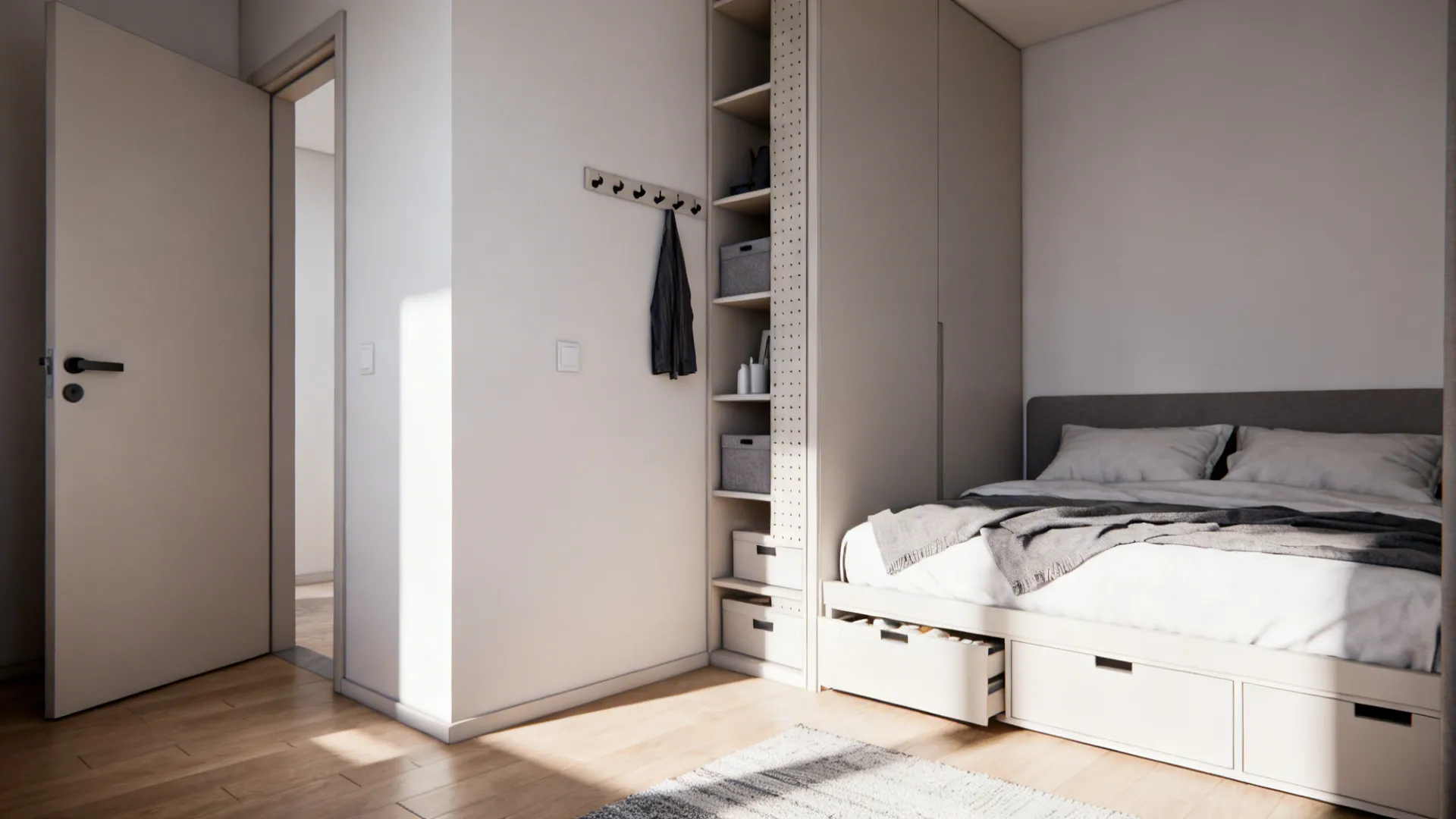 Small bedroom with clear pathways, vertical storage and minimal clutter for good flow.