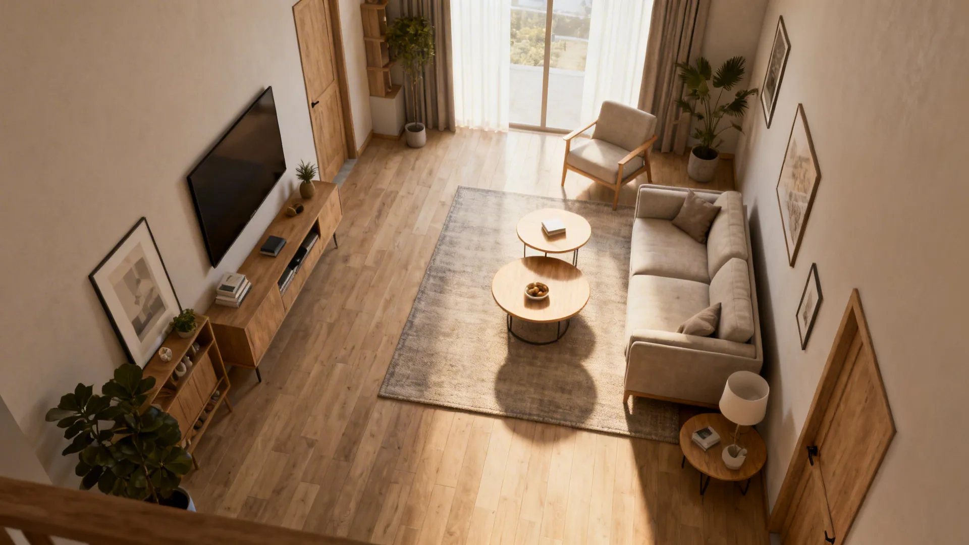 Top-down view of a small living room showing clear pathways and nesting tables replacing a bulky coffee table.