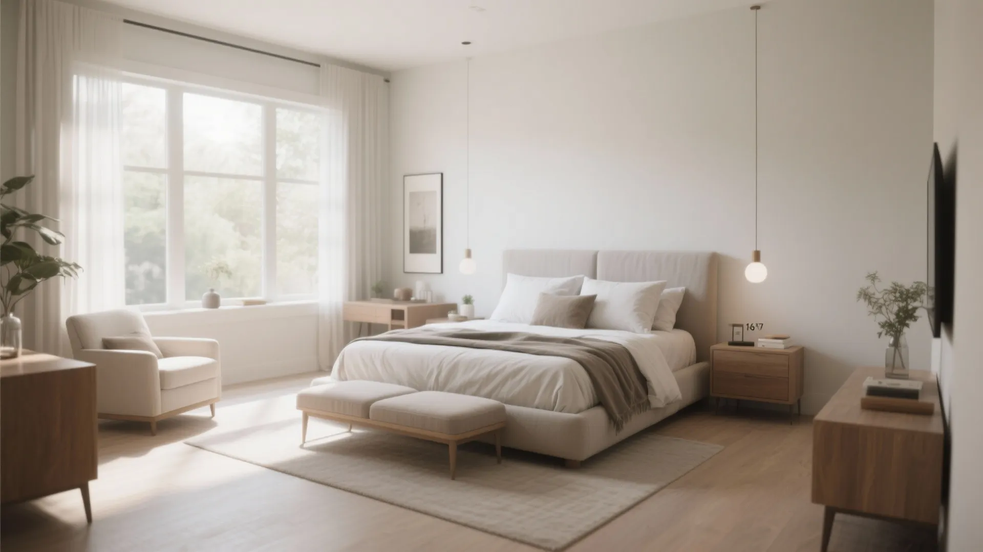 Bright minimalist bedroom design with a large window and clear walking space around the bed