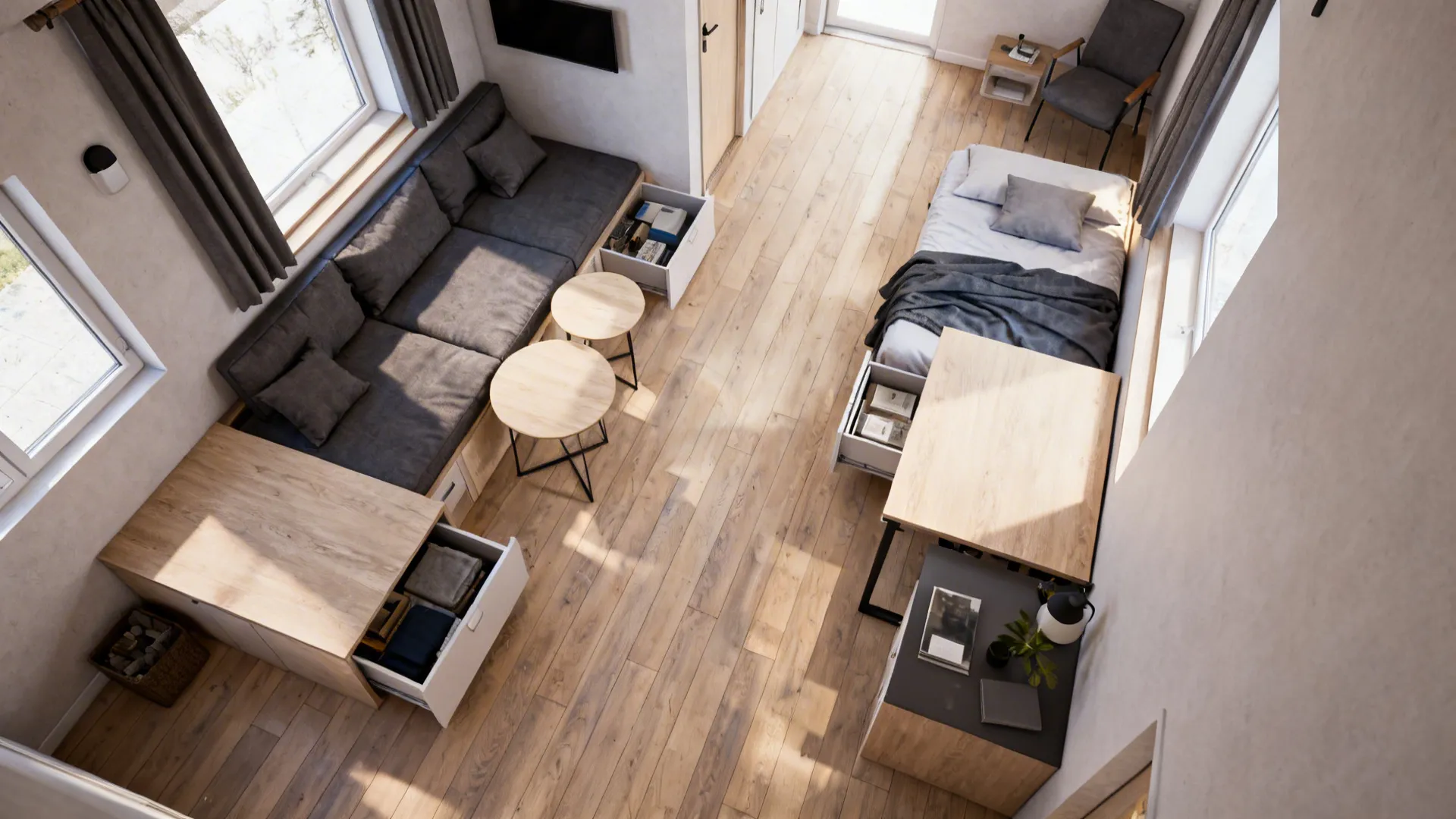 Top-down view of a small room showing clear circulation and multifunctional furniture