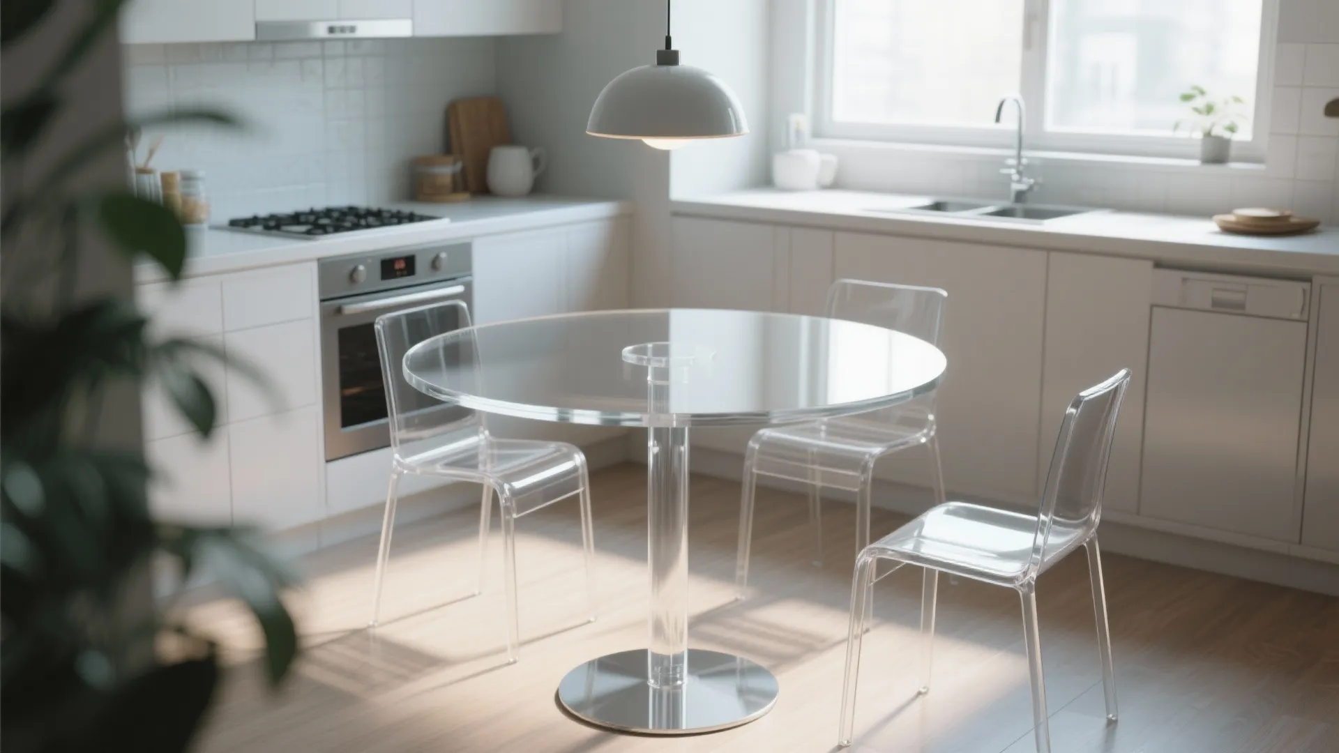 4. Clear pedestal table and lightweight chairs