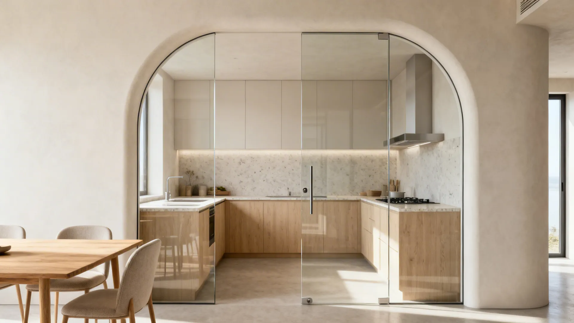 A slim plaster arch with a clear glass pivot door connects a bright kitchen and a neat dining area.