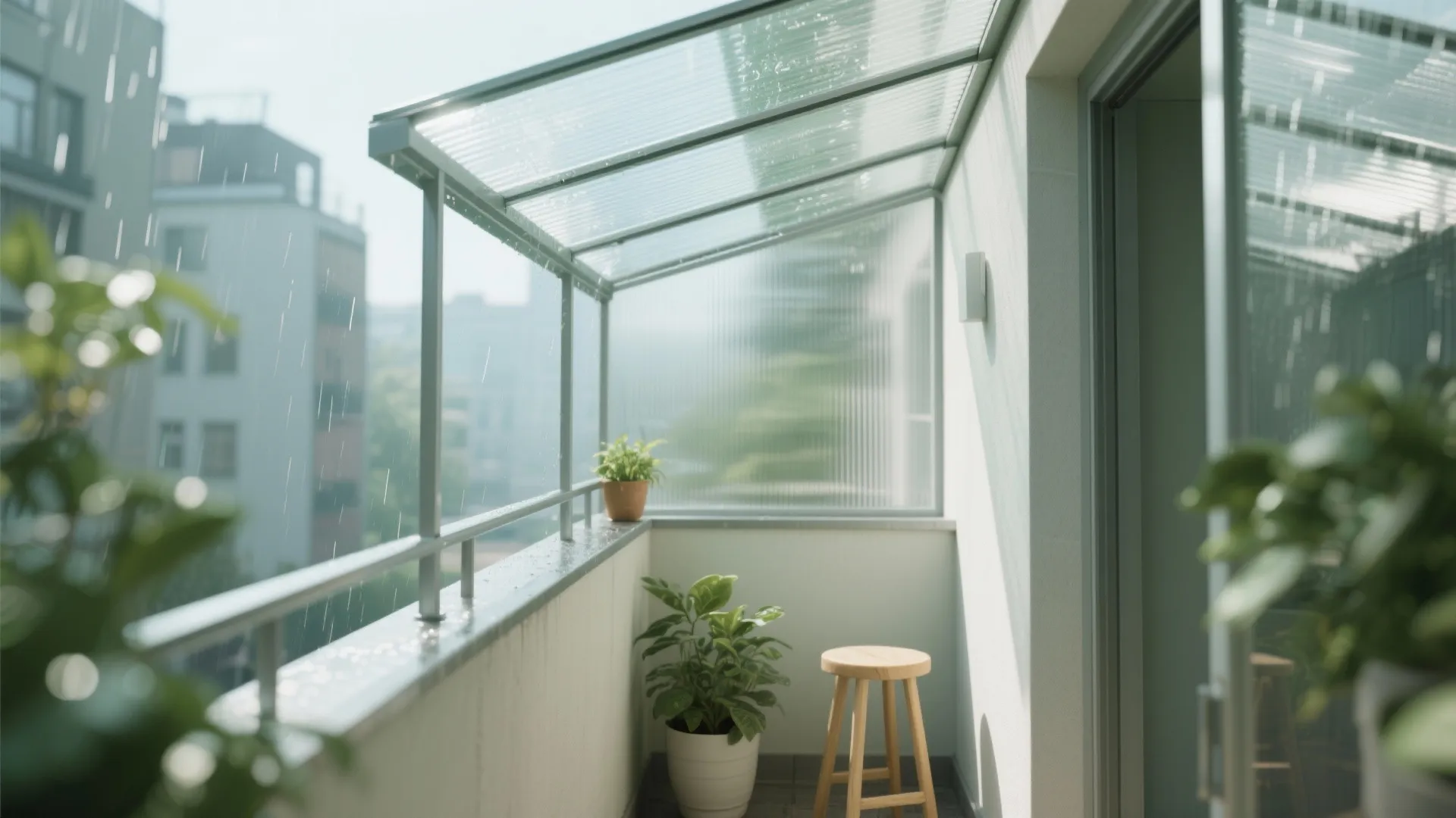 Balcony with a slim steel frame and clear polycarbonate canopy allowing bright light.