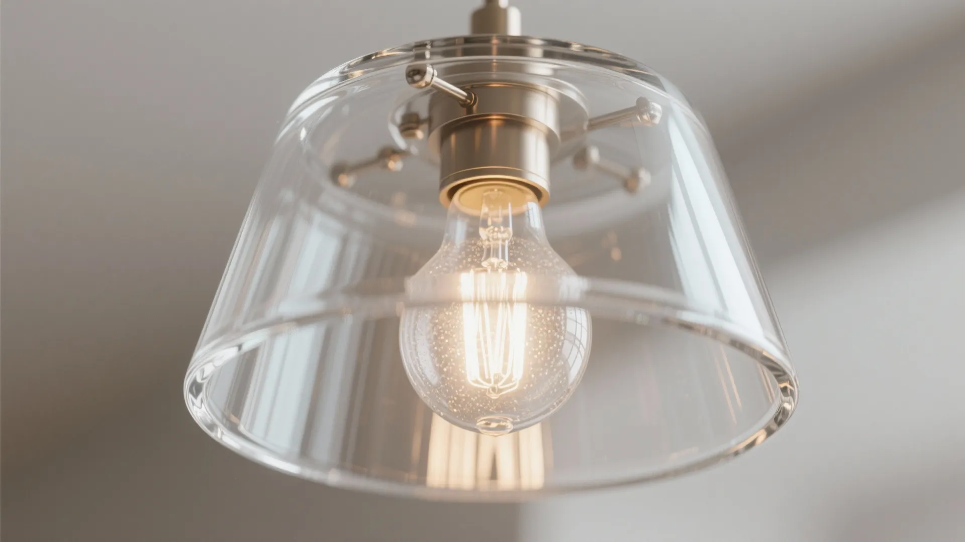 Macro detail of a transparent chandelier shade with a frosted filament bulb, soft warm highlights.