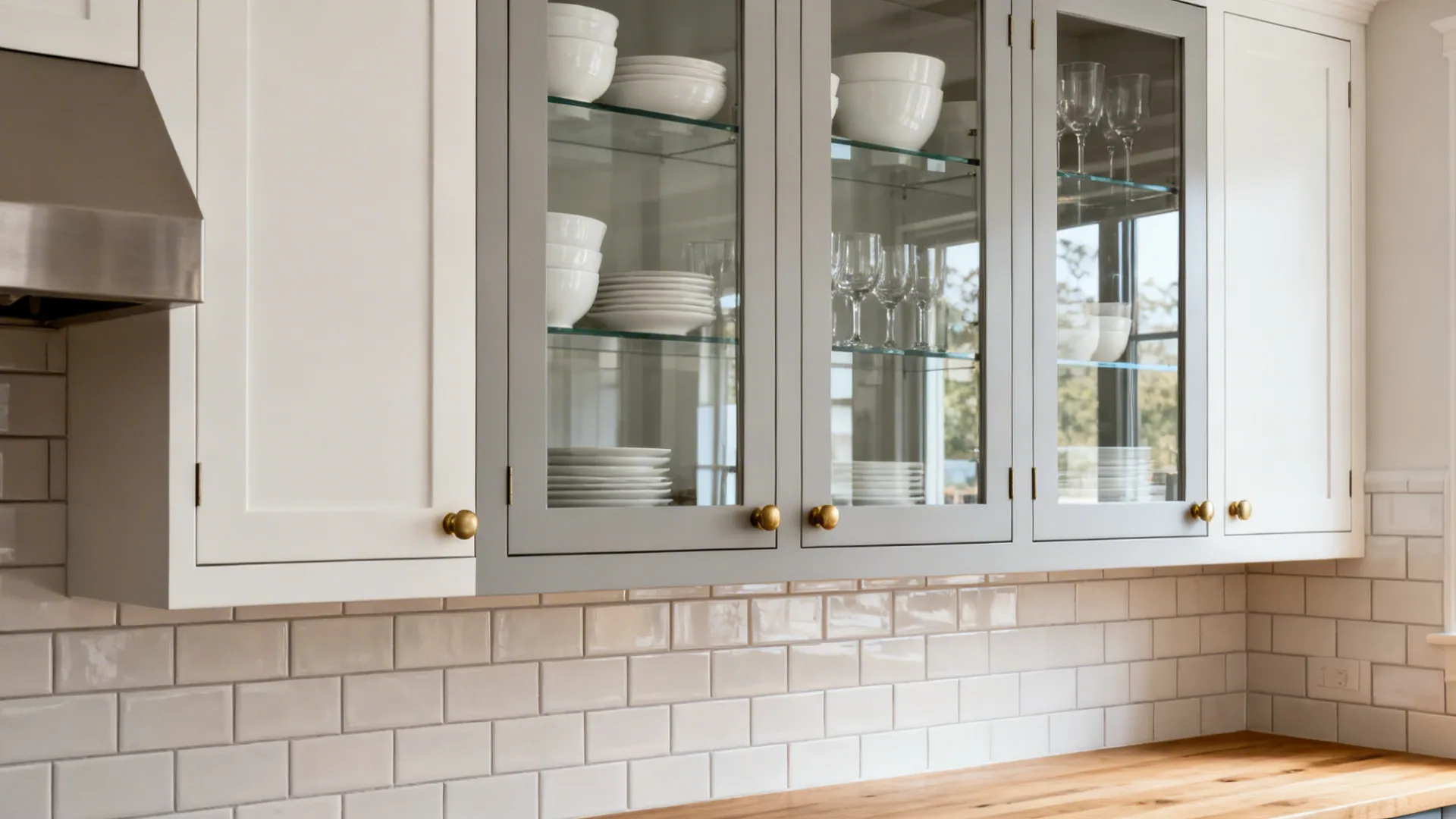 Clear glass Shaker cabinet doors reveal neatly arranged white dishes in a small kitchen.