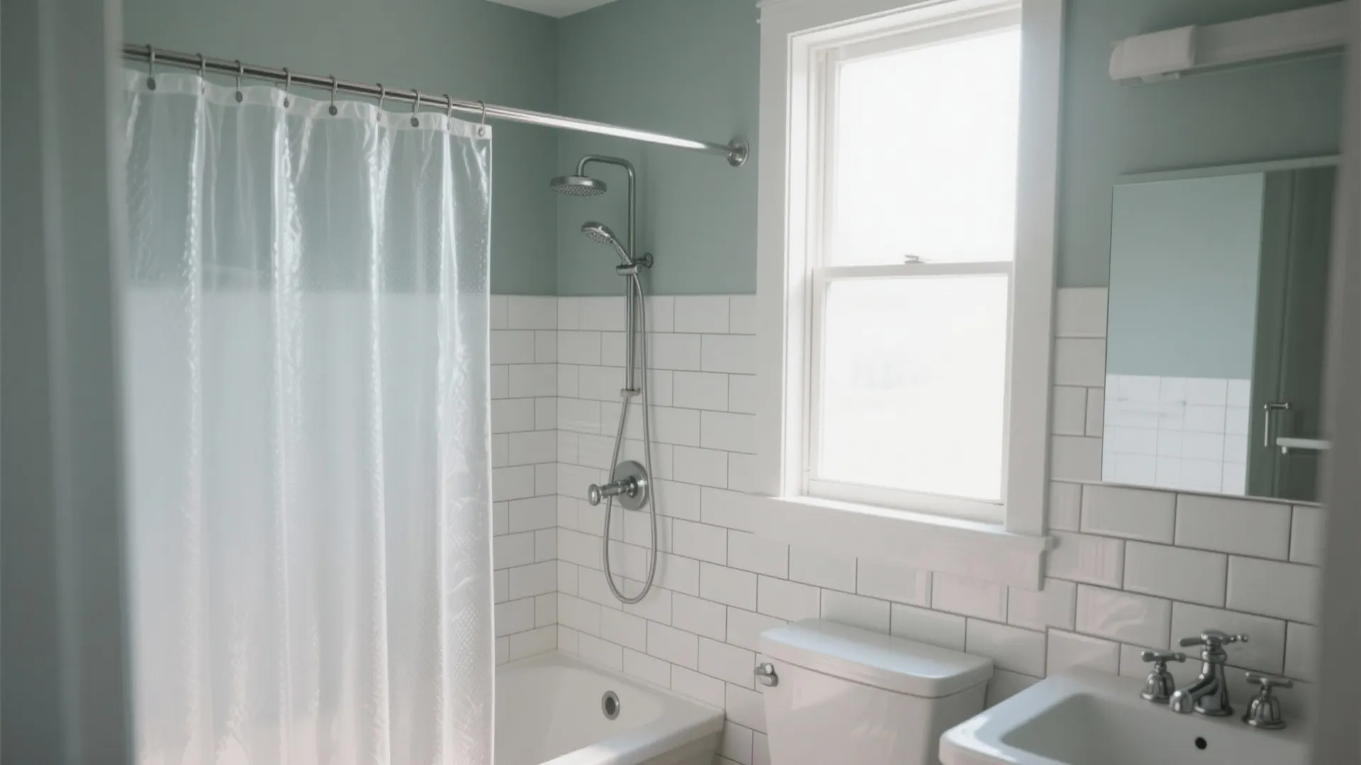 Modern bathroom with white wall tiles and a clear shower curtain on a silver rod