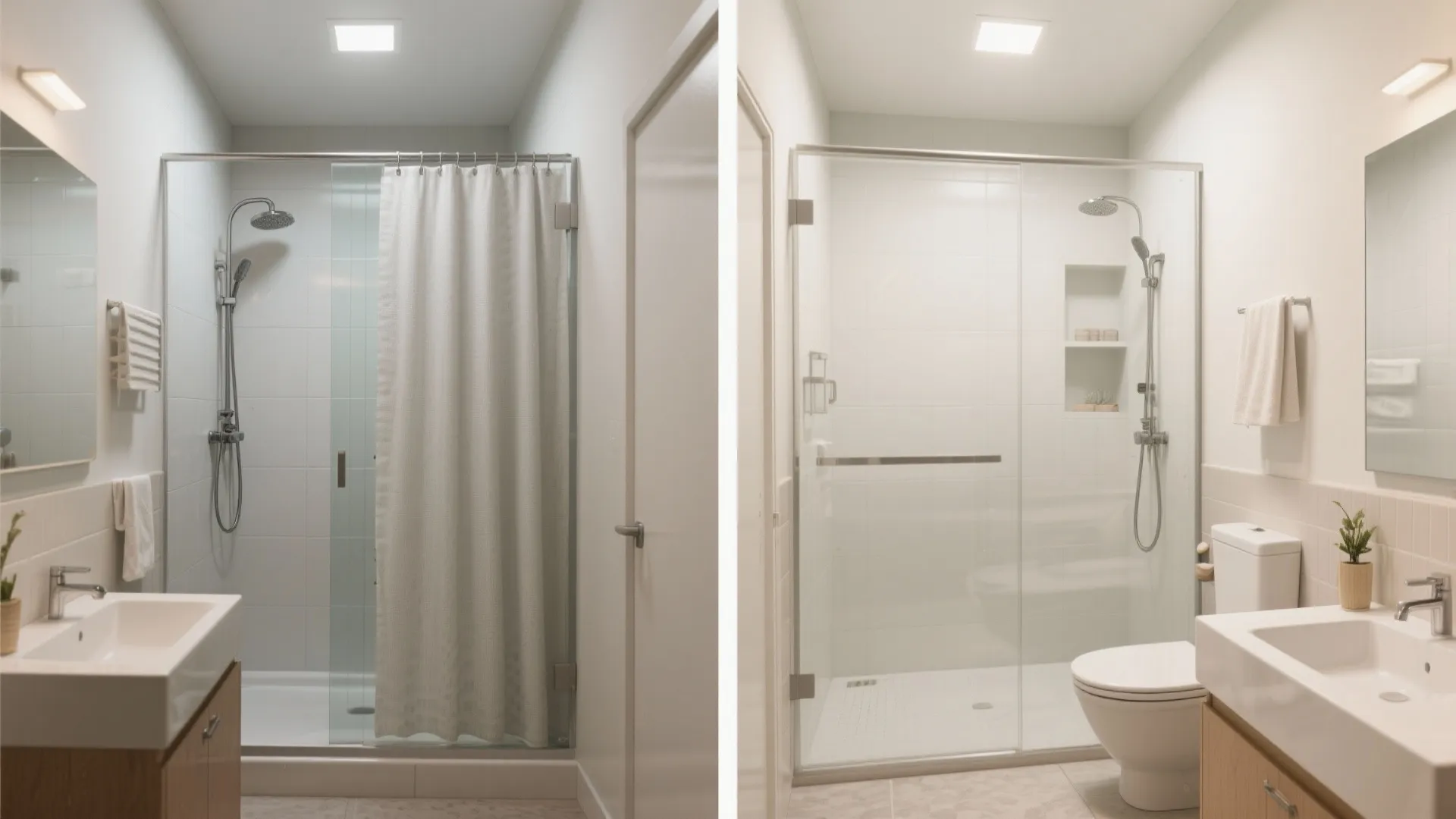 Before and after comparison showing a bathroom with a curtain replaced by a clear glass door