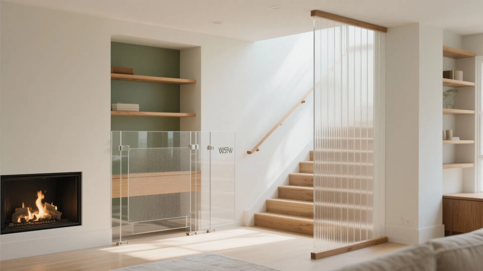 Interior view of stairs with glass safety gate wooden steps fireplace and built in wall shelves