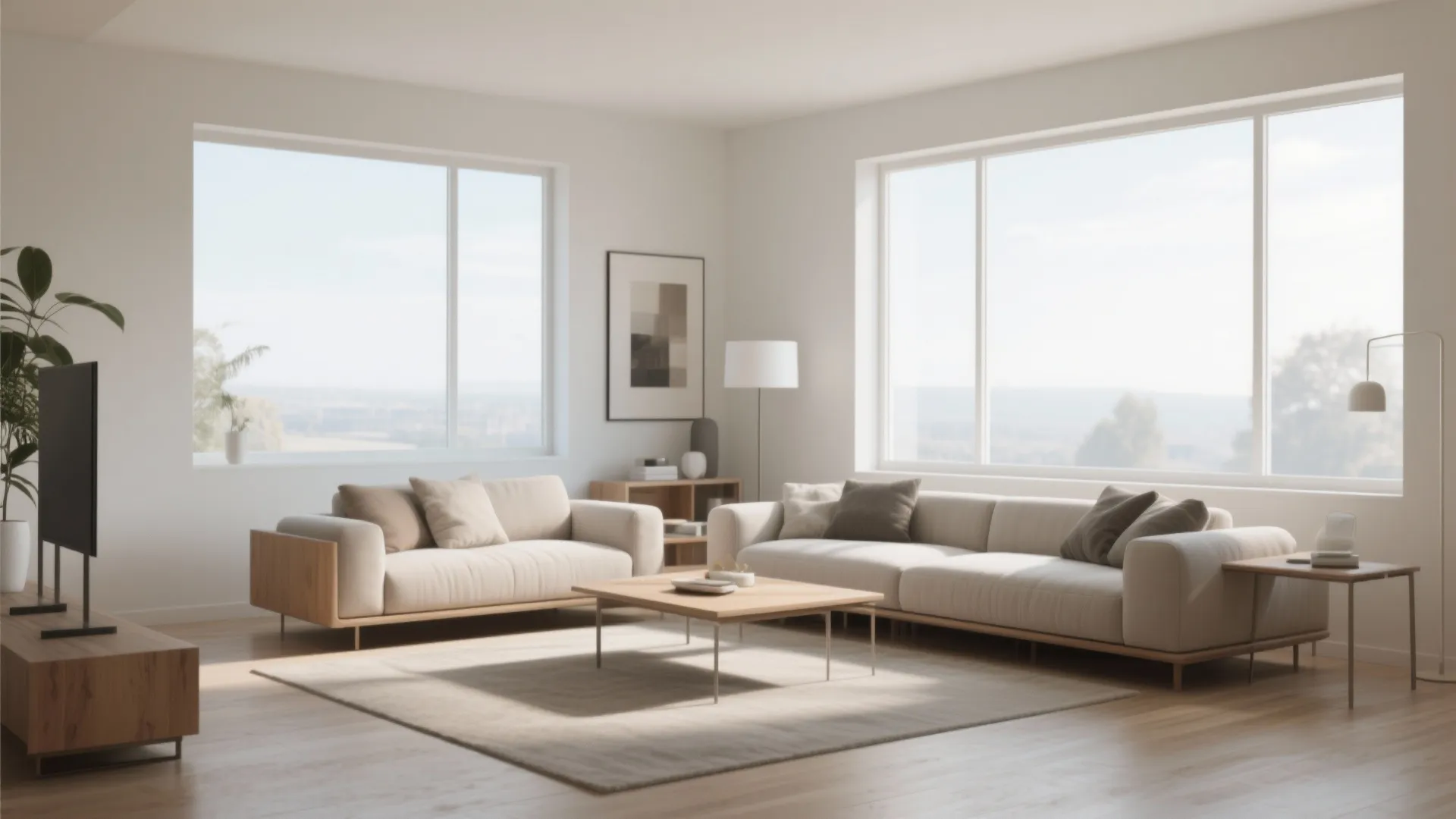 Minimalist living room with two cream sofas facing large windows overlooking a scenic outdoor view