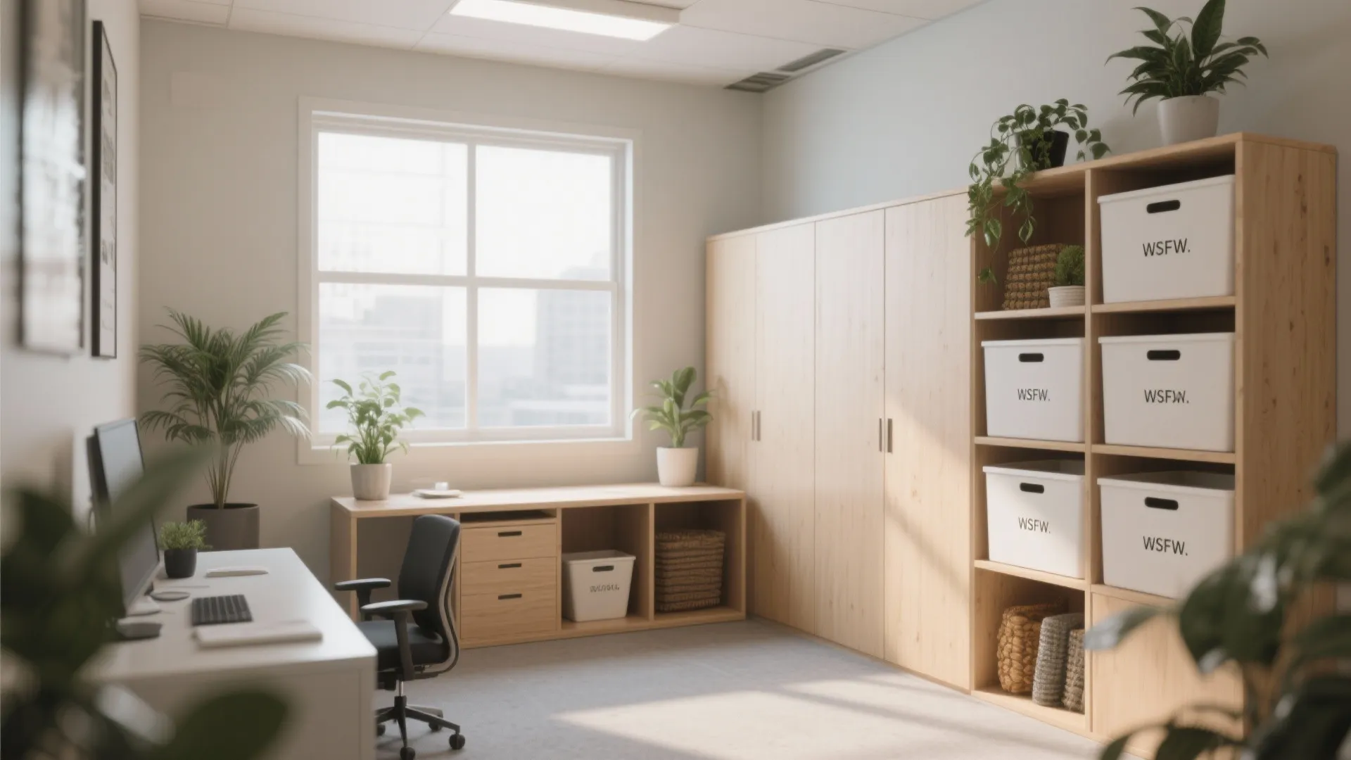 Small office with low storage by the window, taller pieces on the opposite wall, and labeled seasonal bins kept out of sight.