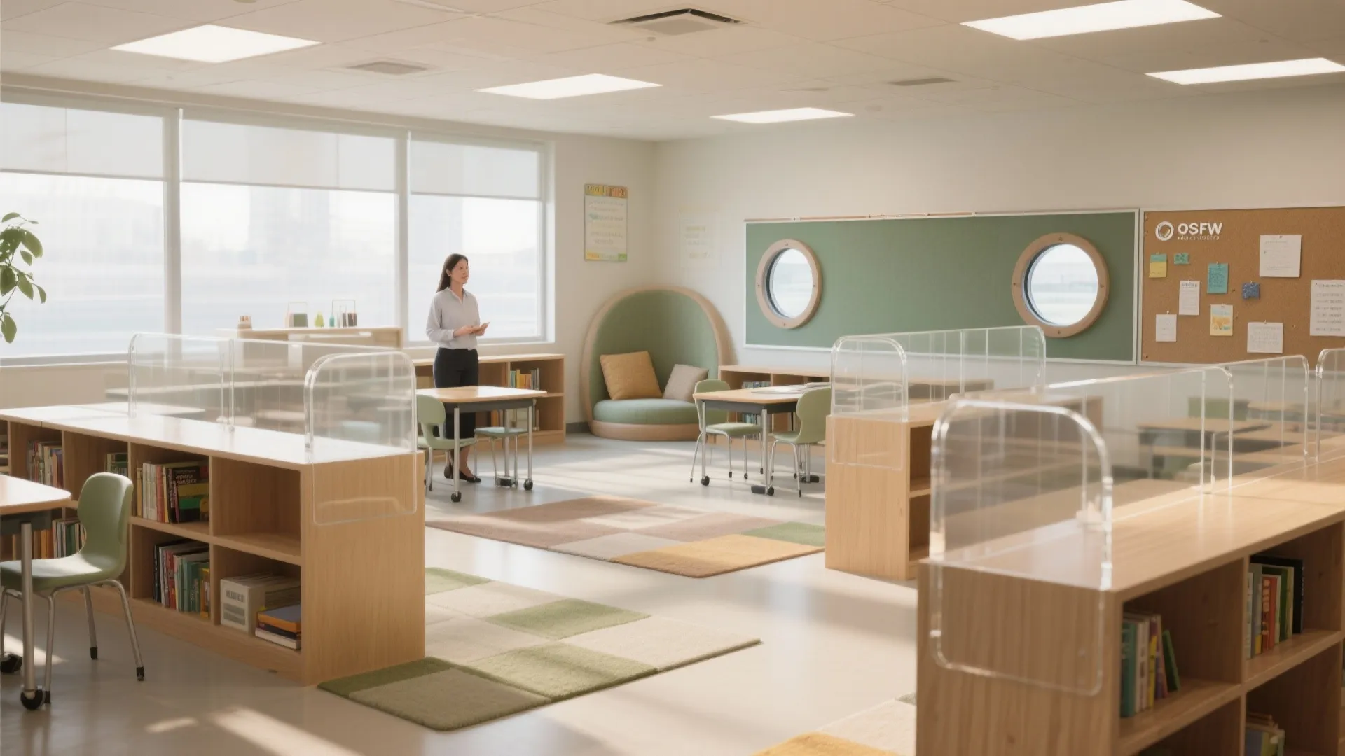 Modern open classroom design with wooden bookshelves green chairs small tables and a large window view