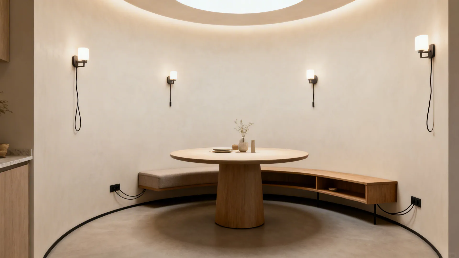 Minimalist circular dining area with a round wooden table curved bench seating and four wall lights