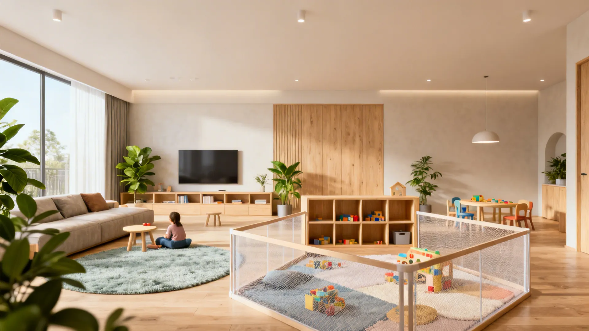 Living room with low mesh barrier and rugs creating zones while maintaining clear sightlines for supervision.