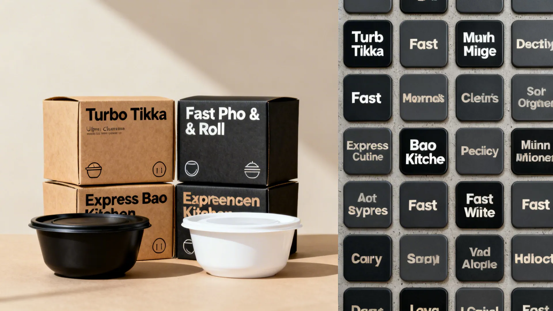 Minimal packaging with bold, clear cuisine-plus-speed names contrasted against cluttered labels.