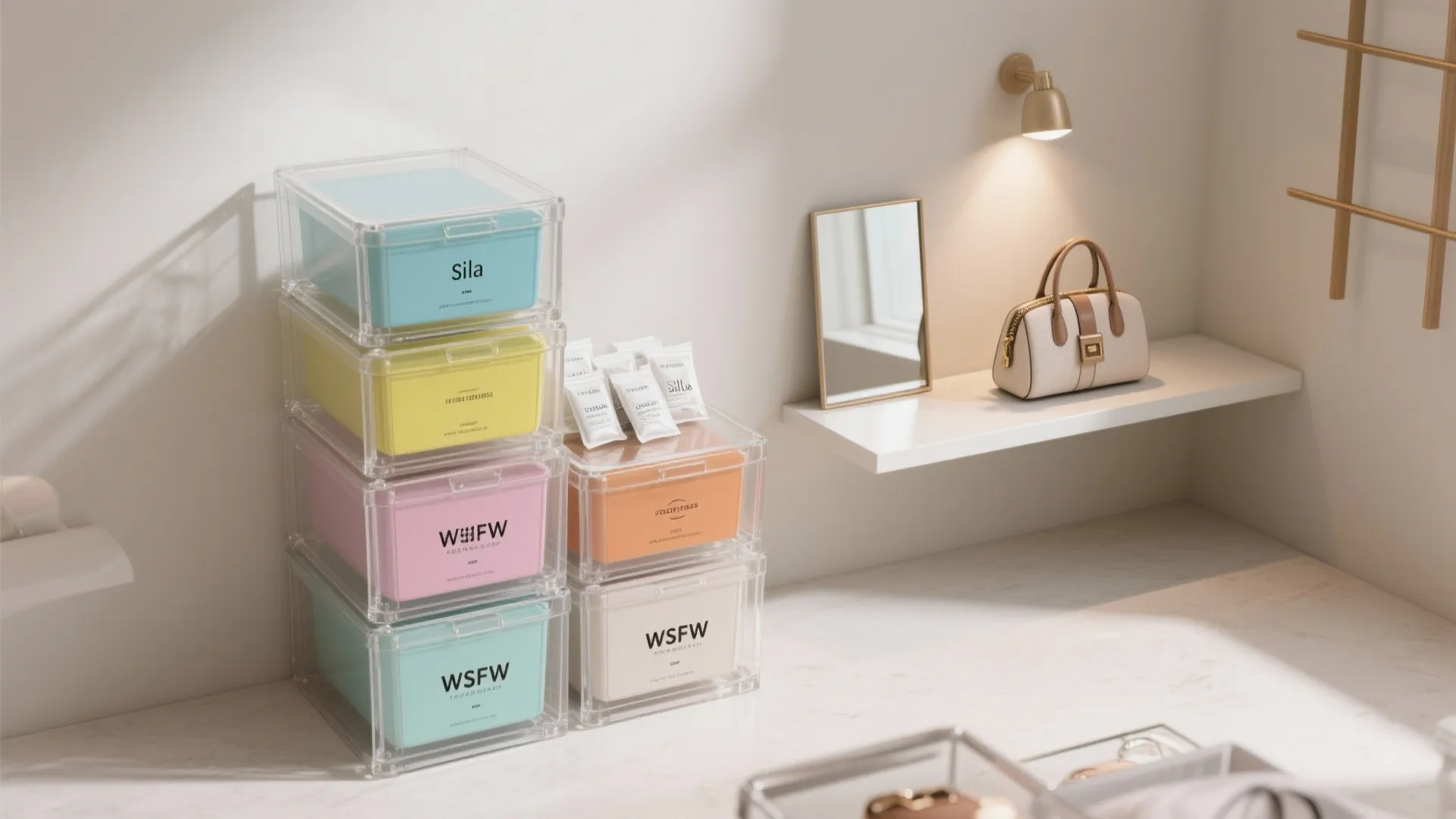 Stacked colorful clear storage boxes on a white counter next to a small wall light