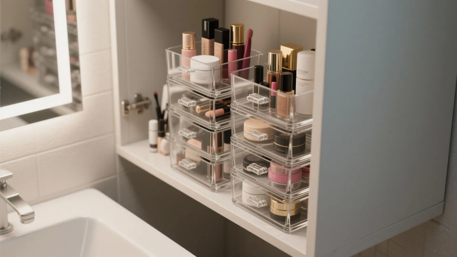 Clear stackable plastic storage bins organizing makeup products inside a white bathroom wall cabinet shelf