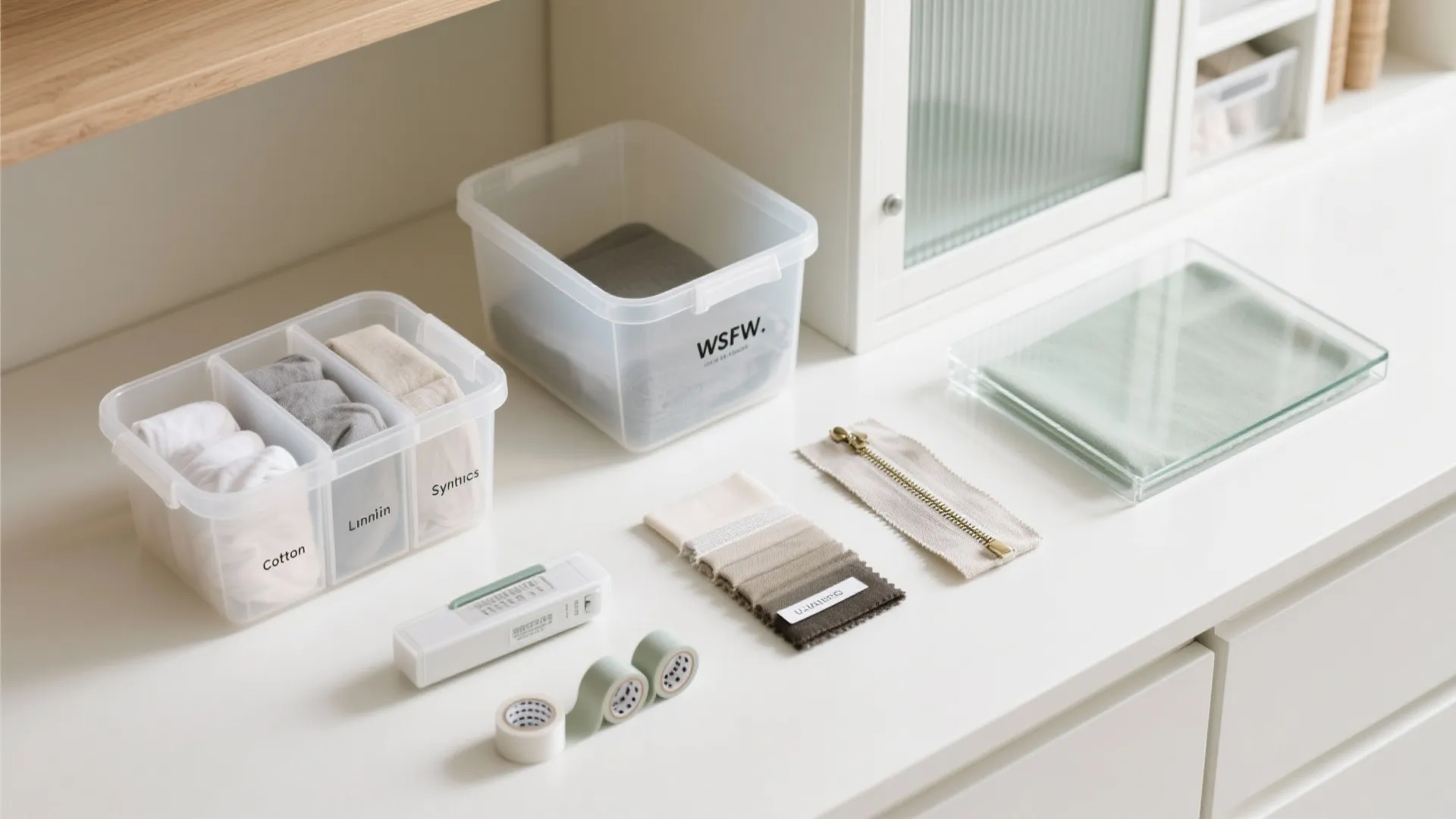 Clear plastic storage bins with fabric samples and sewing supplies organized on a white desk