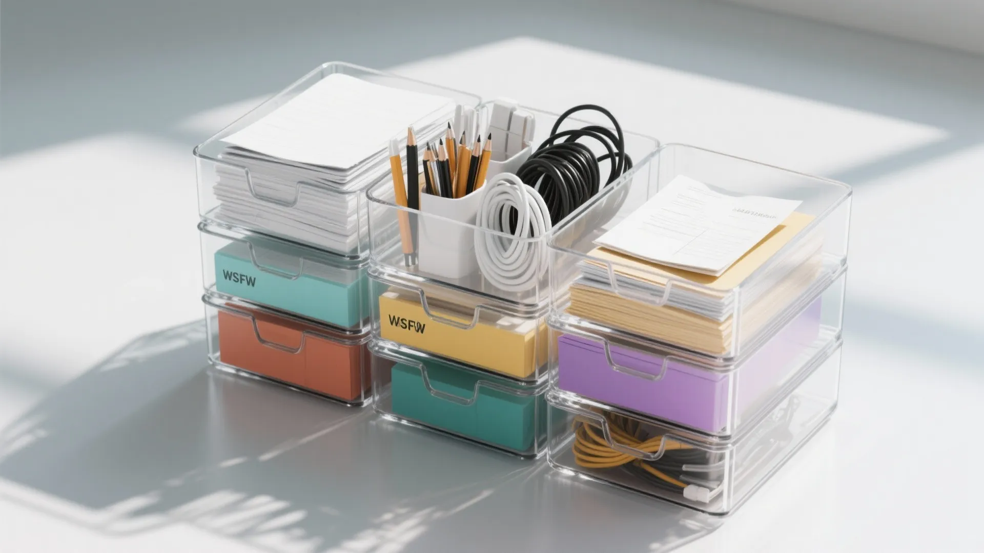 Clear stackable plastic storage bins holding notebooks, papers, pens, and organized cables on a desk