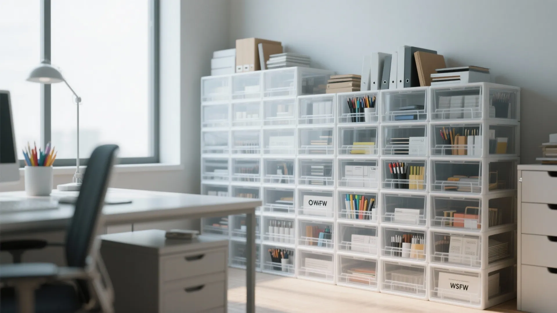 Office room with stacked clear plastic storage bins for pens folders and organized office supplies
