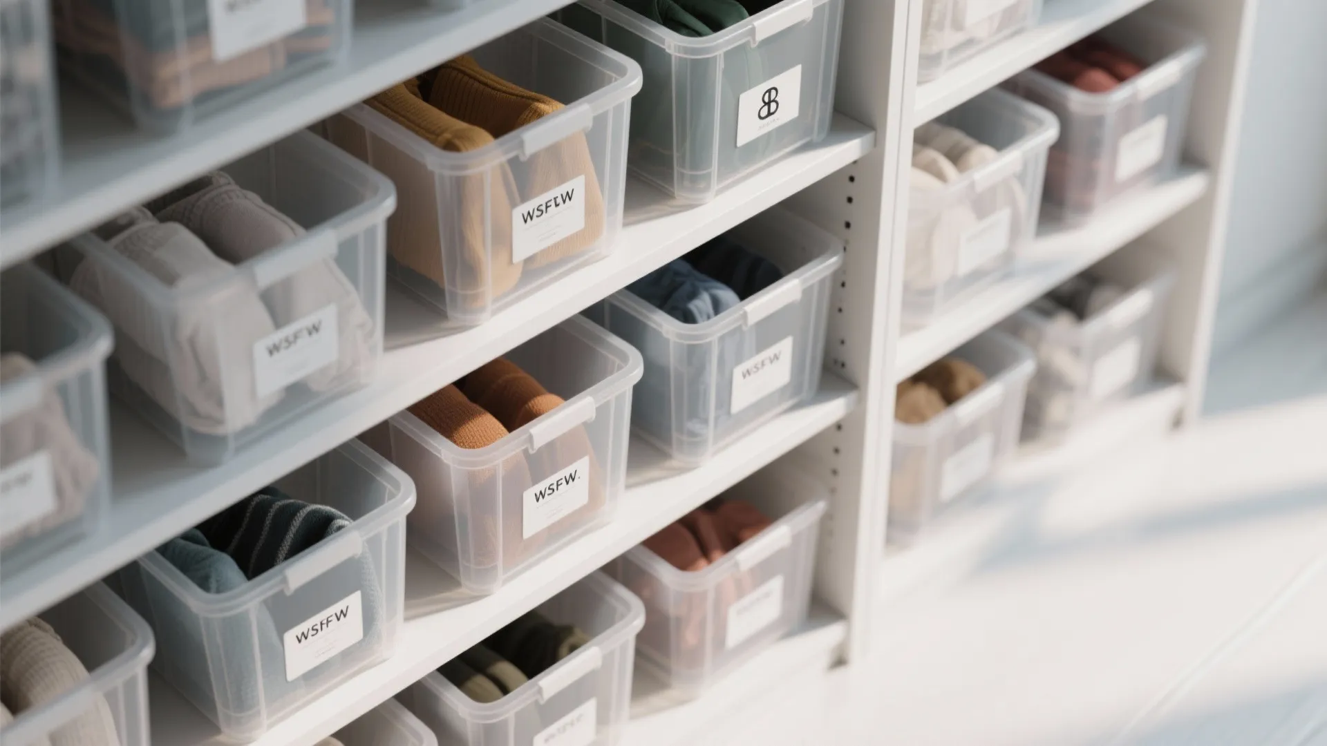 Clear plastic storage bins with labels sitting on white shelves holding various folded clothes inside