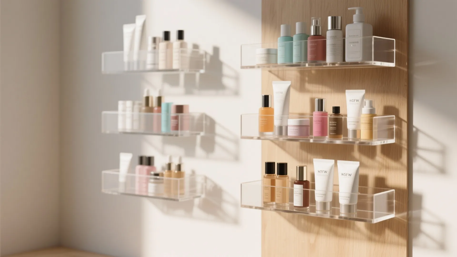 2. Tiered clear organizers on floating shelves