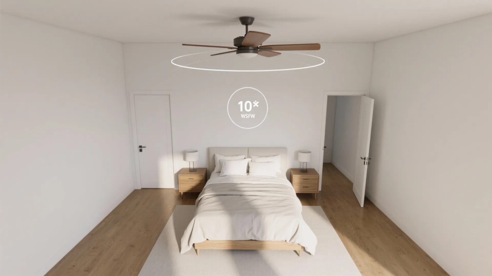 Top-down bedroom plan showing door swings and a subtle 52-inch fan blade sweep clearance for a 10x10 room.