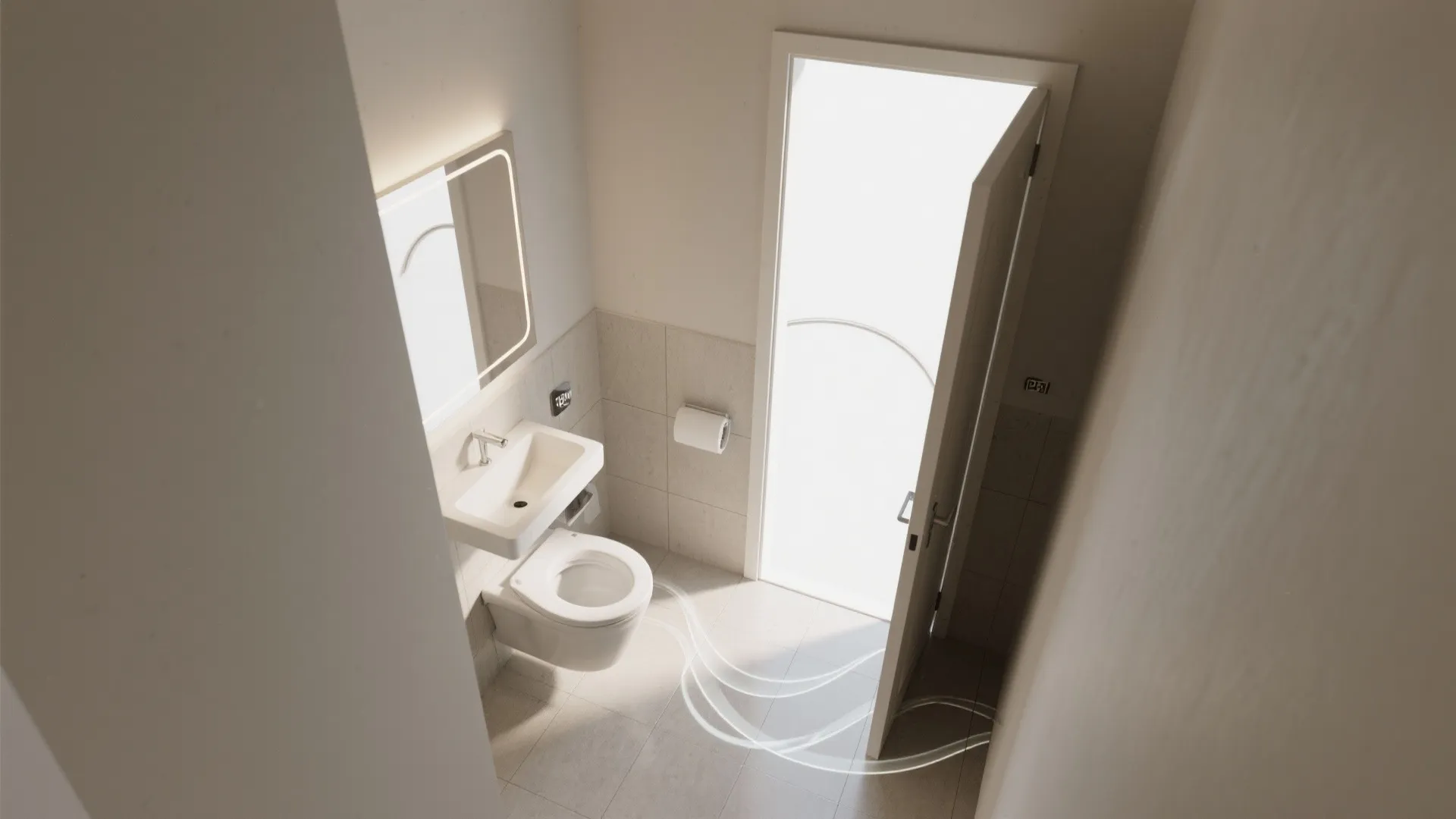 Top view of small bathroom with white toilet sink lighted mirror and open wooden door