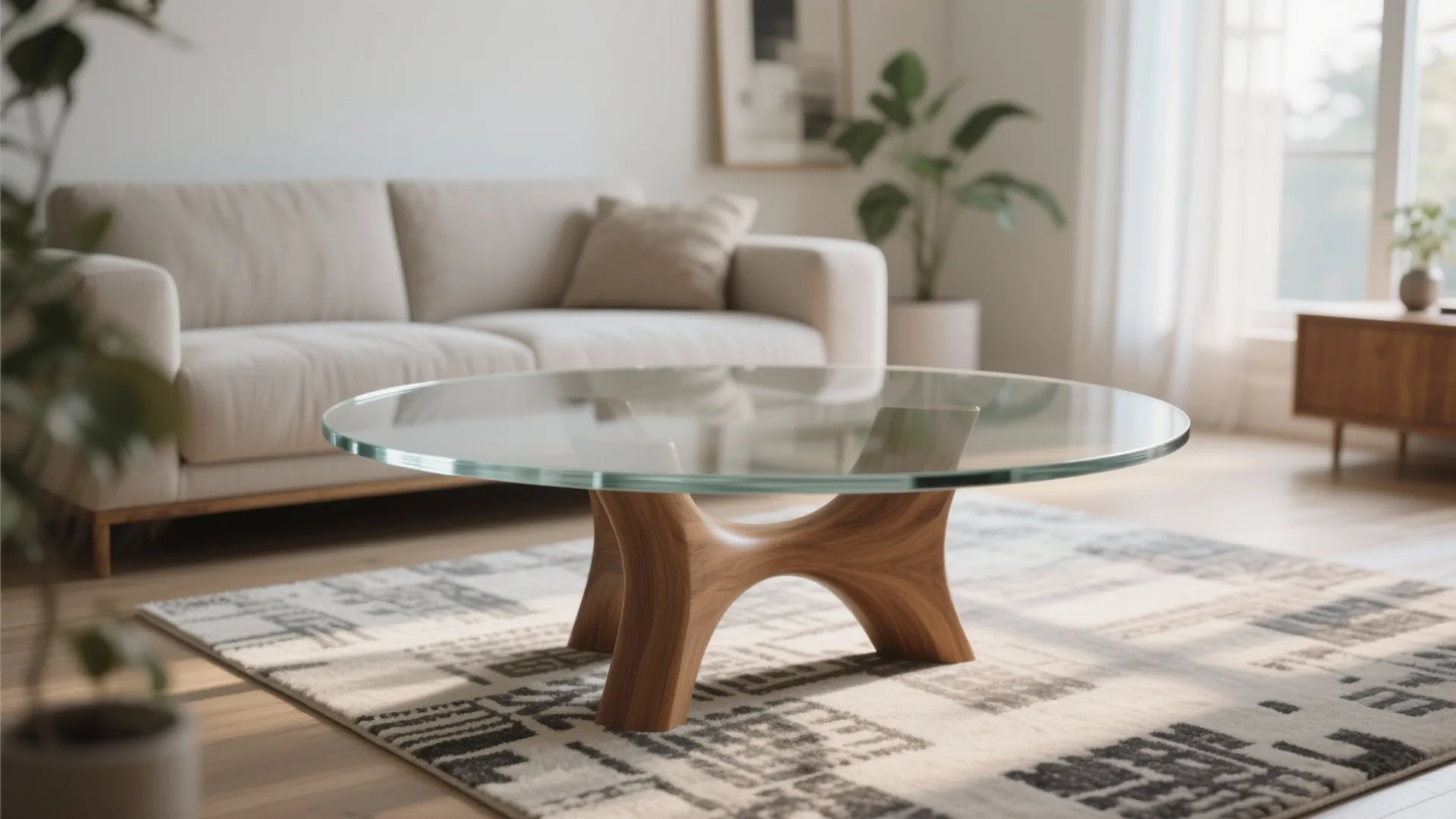 Modern round glass coffee table with wood base on a patterned rug in living room