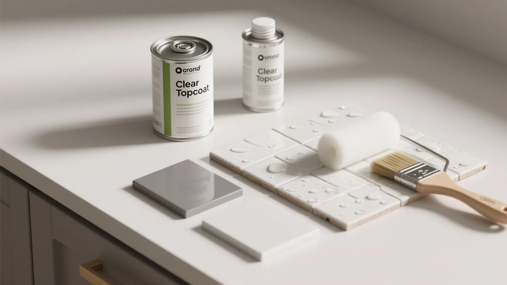 Two cans of clear topcoat paint on white counter with roller brush and tile samples