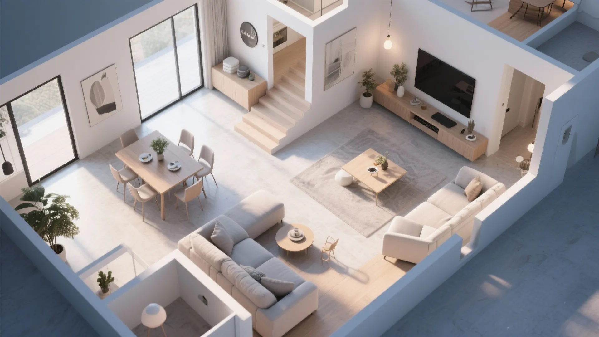 Top-down view of open-plan space with clear walkways