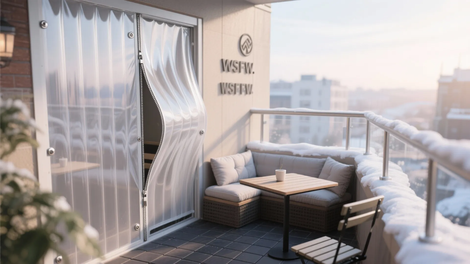 Seasonal clear vinyl panels with zippers and snaps on a small balcony, one panel rolled up beside cozy seating.