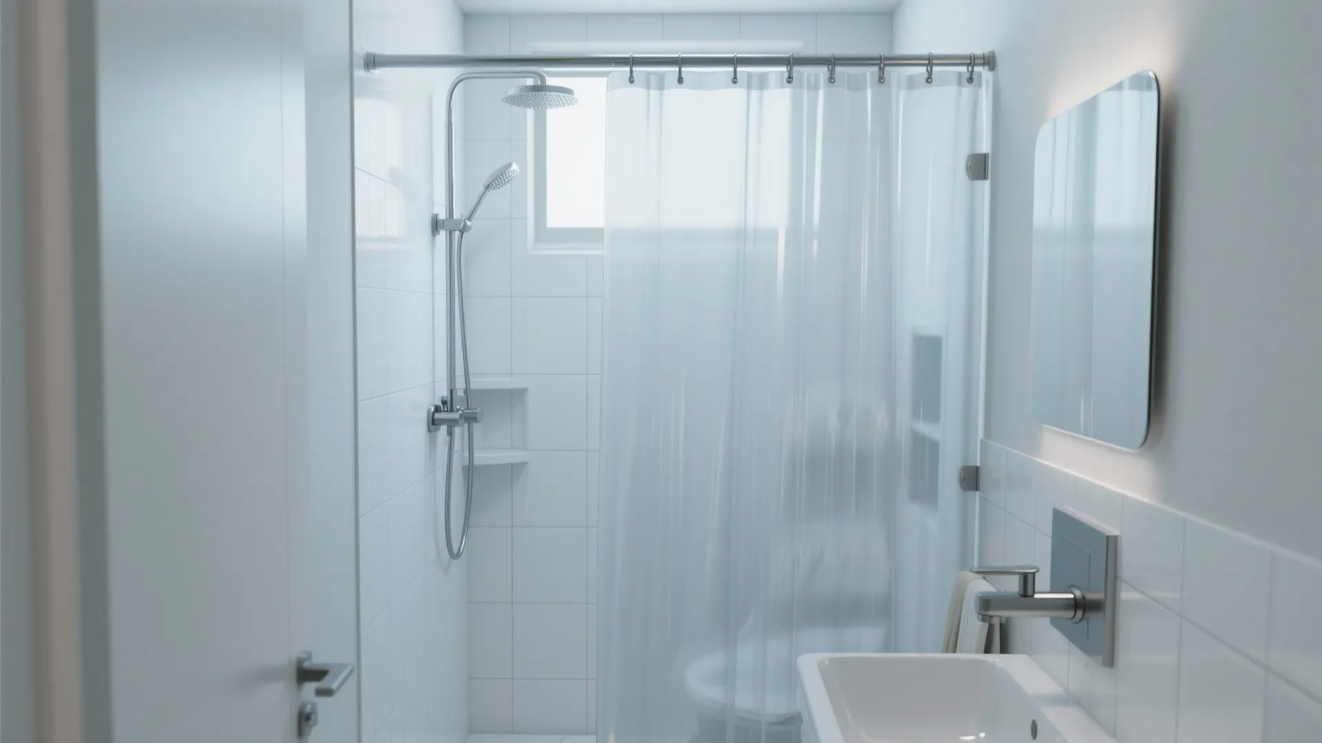 Small bathroom with minimal clear vinyl shower curtain